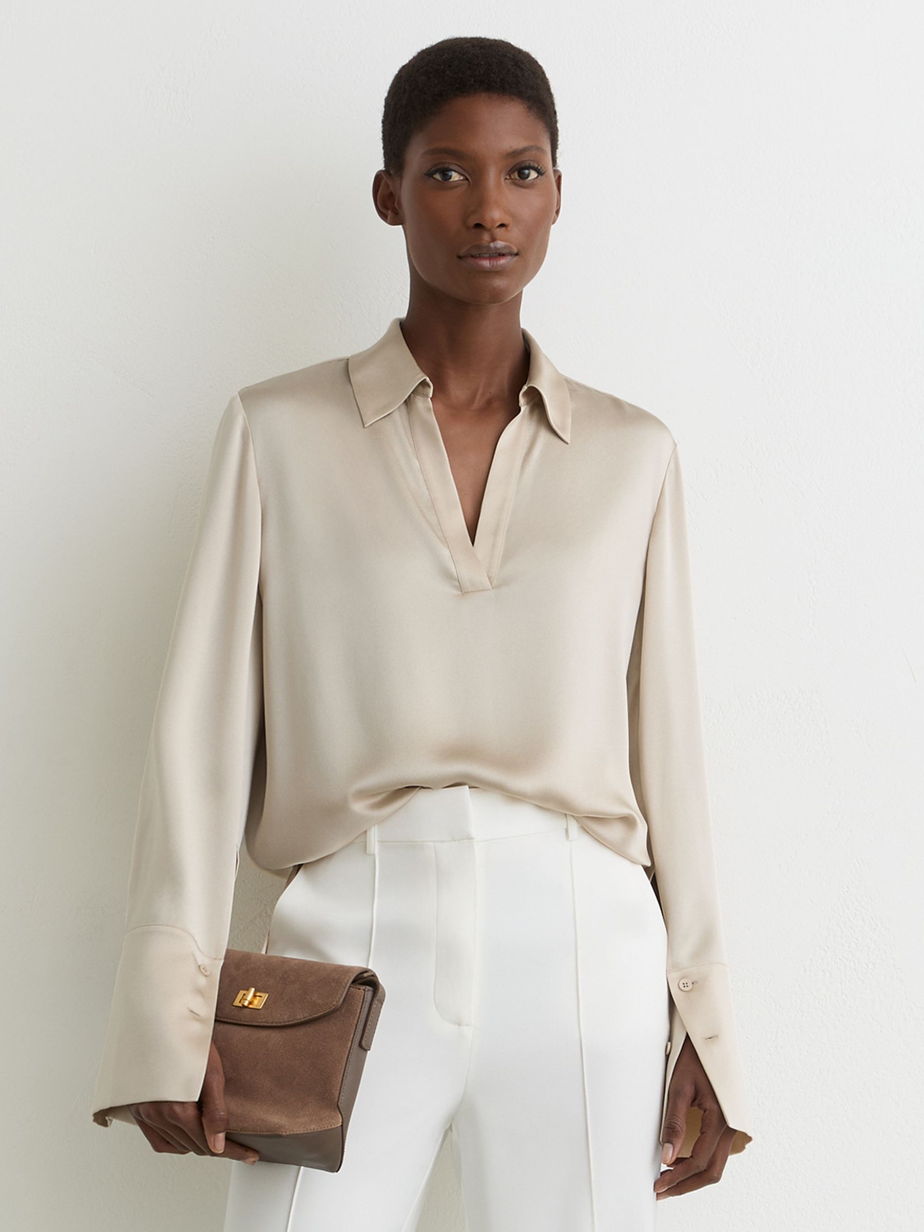 Silk Open-Collar Blouse in Neutral - Image 1 of 7