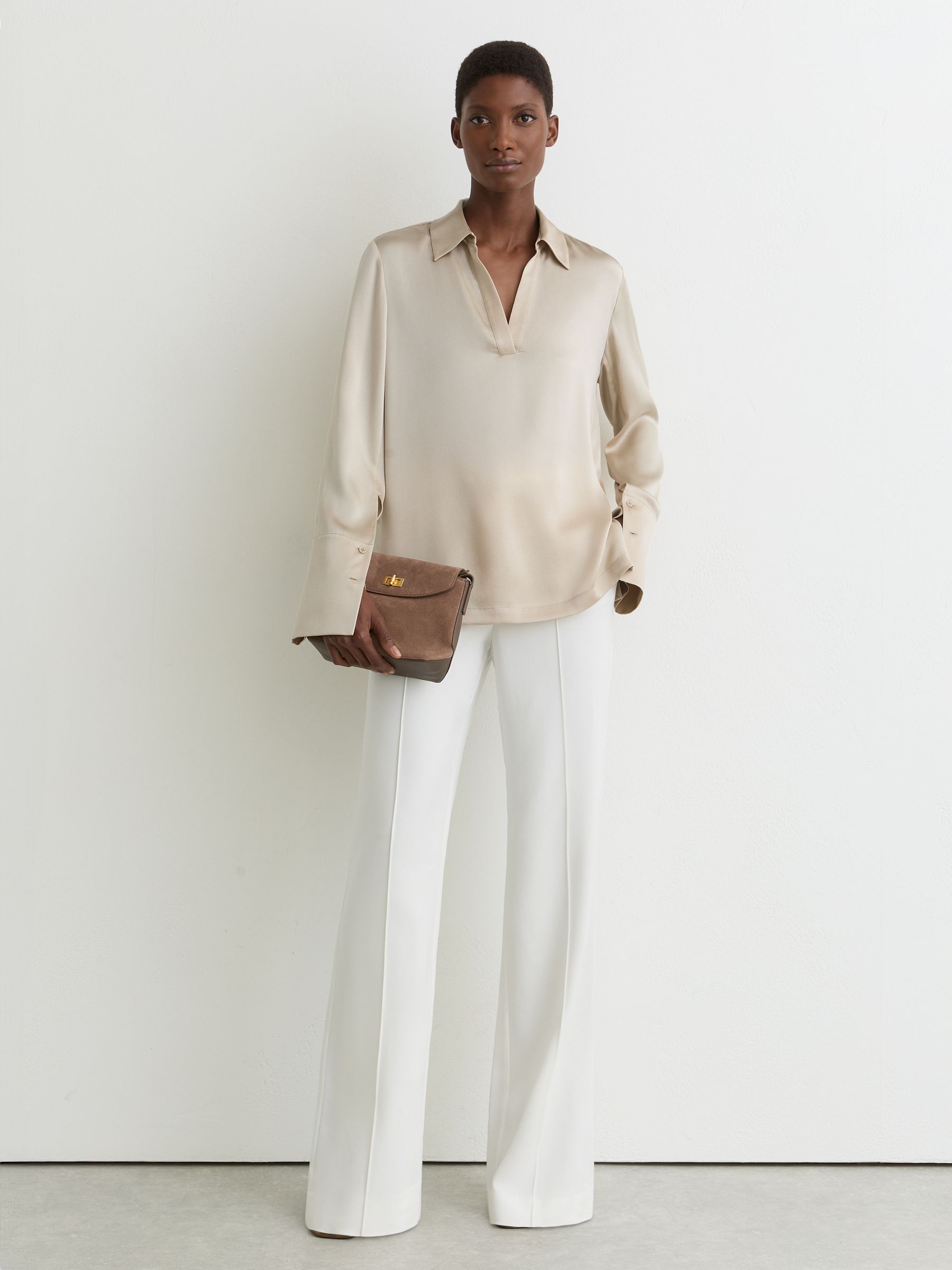Silk Open-Collar Blouse in Neutral - Image 3 of 7
