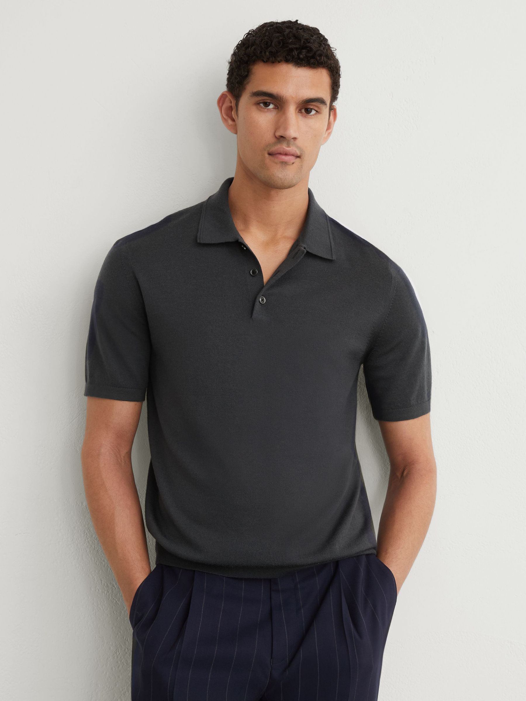 Merino Wool Short-Sleeve Polo Shirt in Vulcan Grey - Image 1 of 7