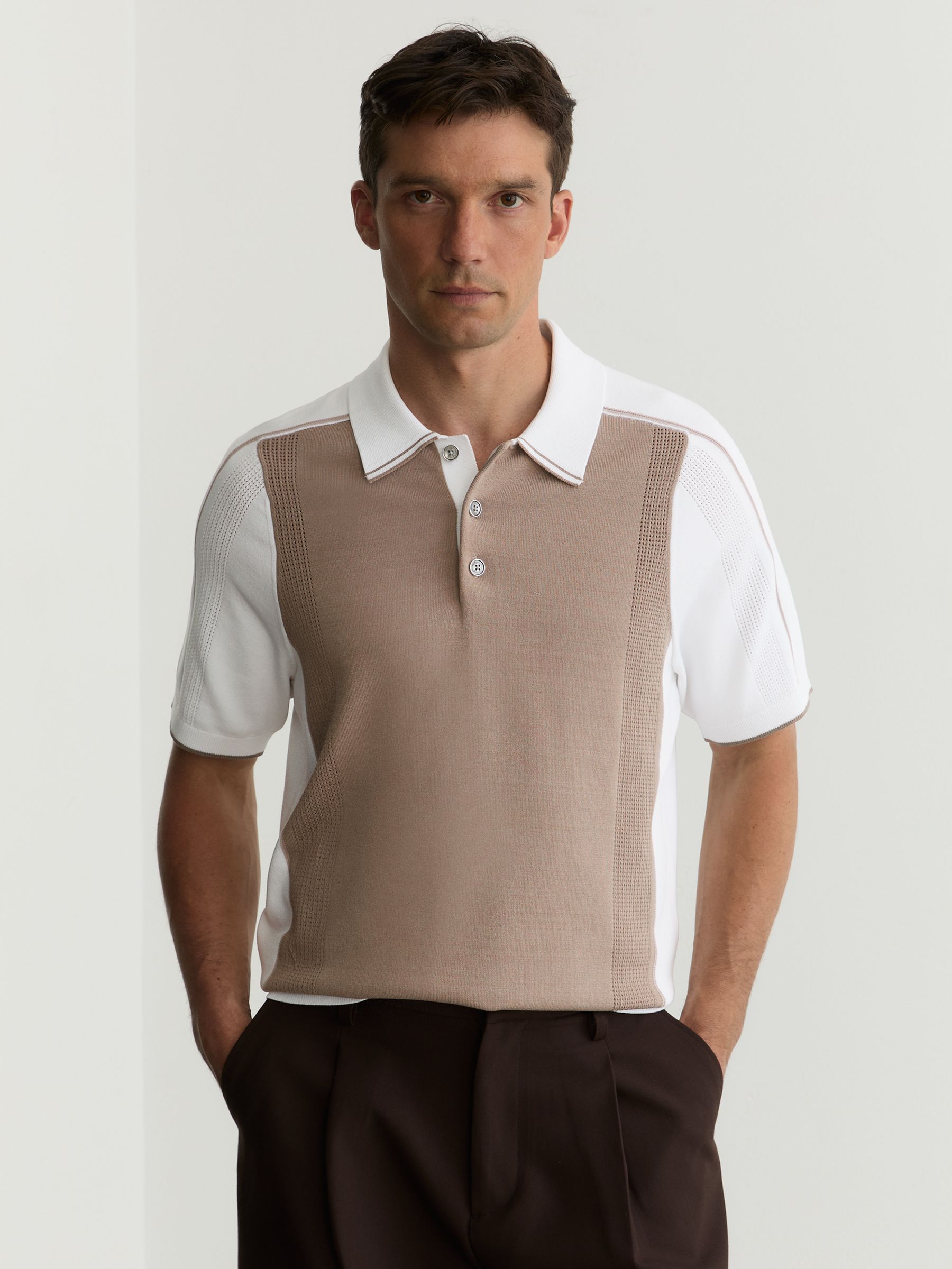 Colour-Block Knitted Polo Shirt in Camel/White - Image 1 of 5