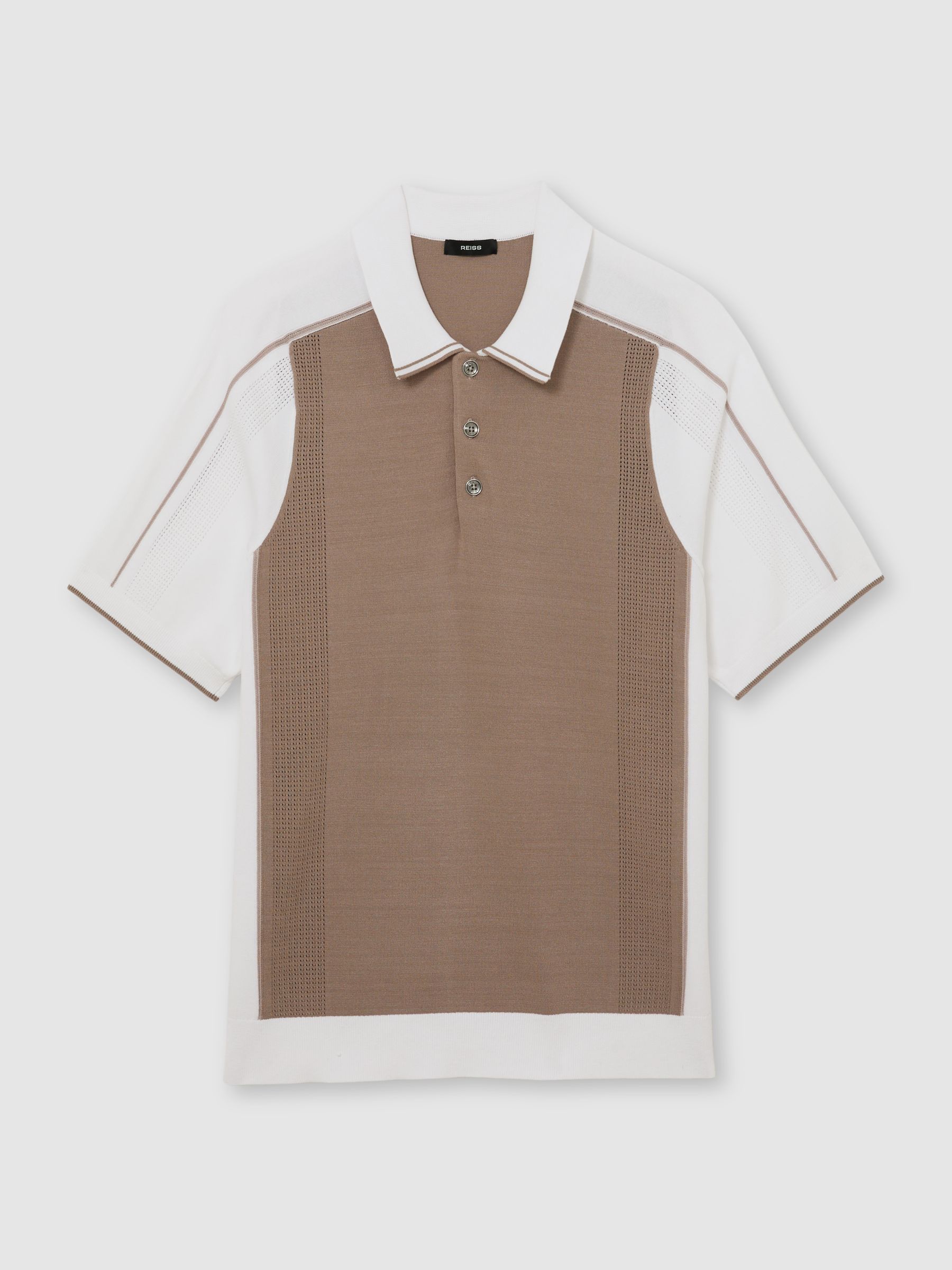 Colour-Block Knitted Polo Shirt in Camel/White - Image 2 of 5
