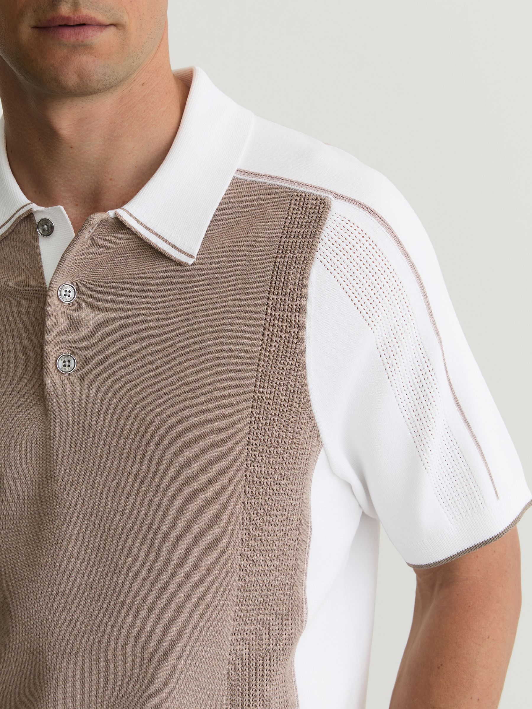 Colour-Block Knitted Polo Shirt in Camel/White - Image 3 of 5