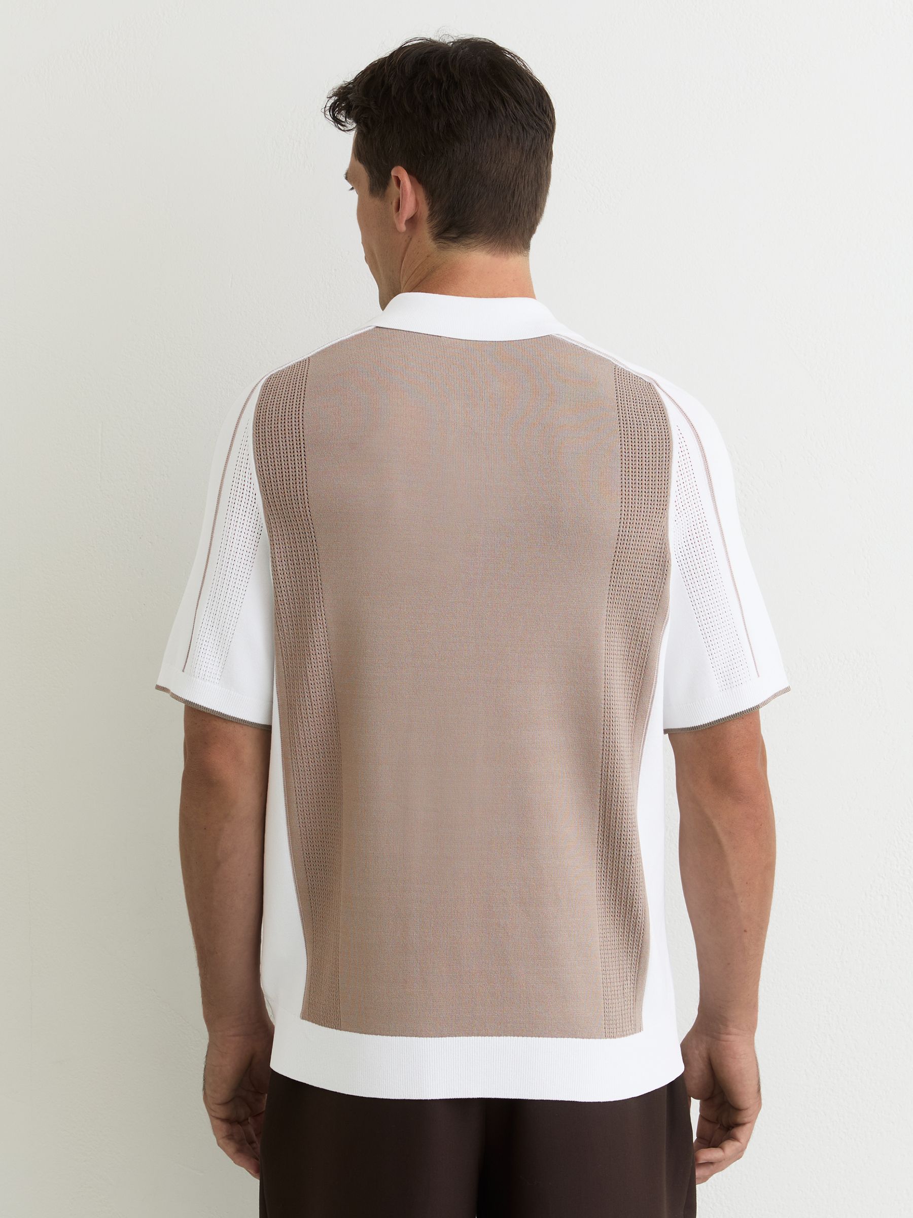 Colour-Block Knitted Polo Shirt in Camel/White - Image 4 of 5