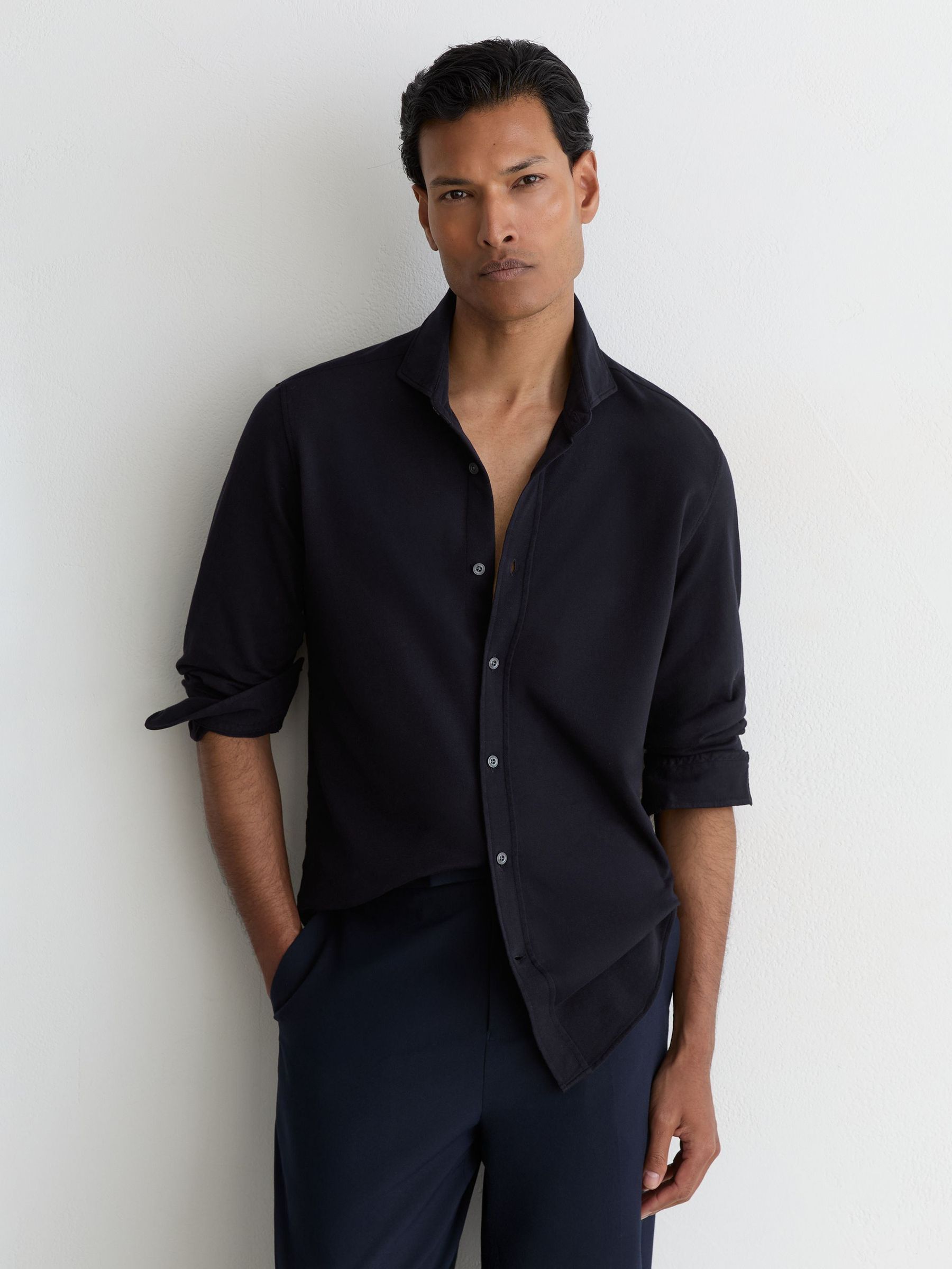 Cotton-Piqué Garment-Dyed Shirt Regular-Fit in Navy - Image 1 of 6