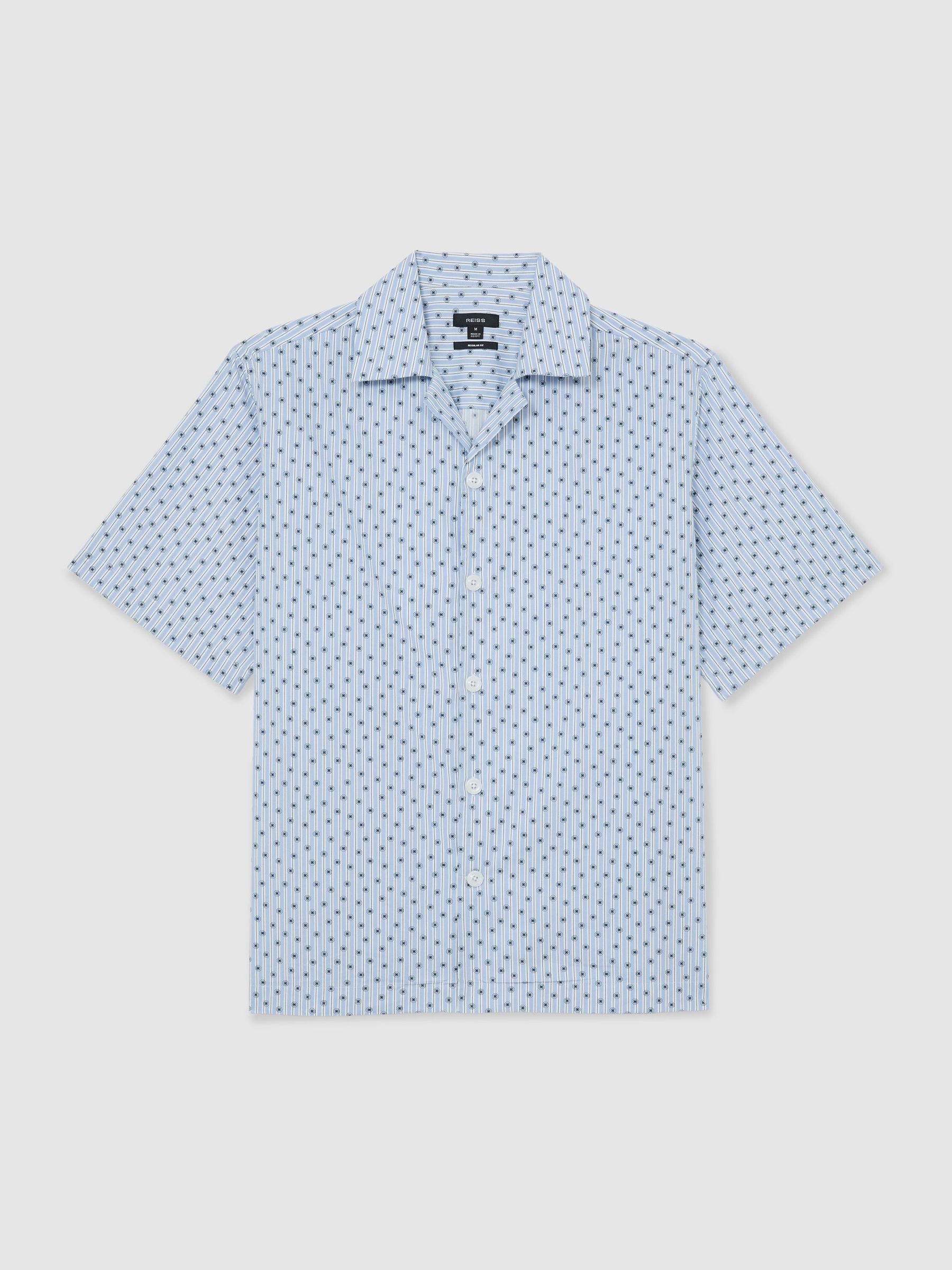 Cotton Medallion-Print Cuban-Collar Shirt in Soft Blue