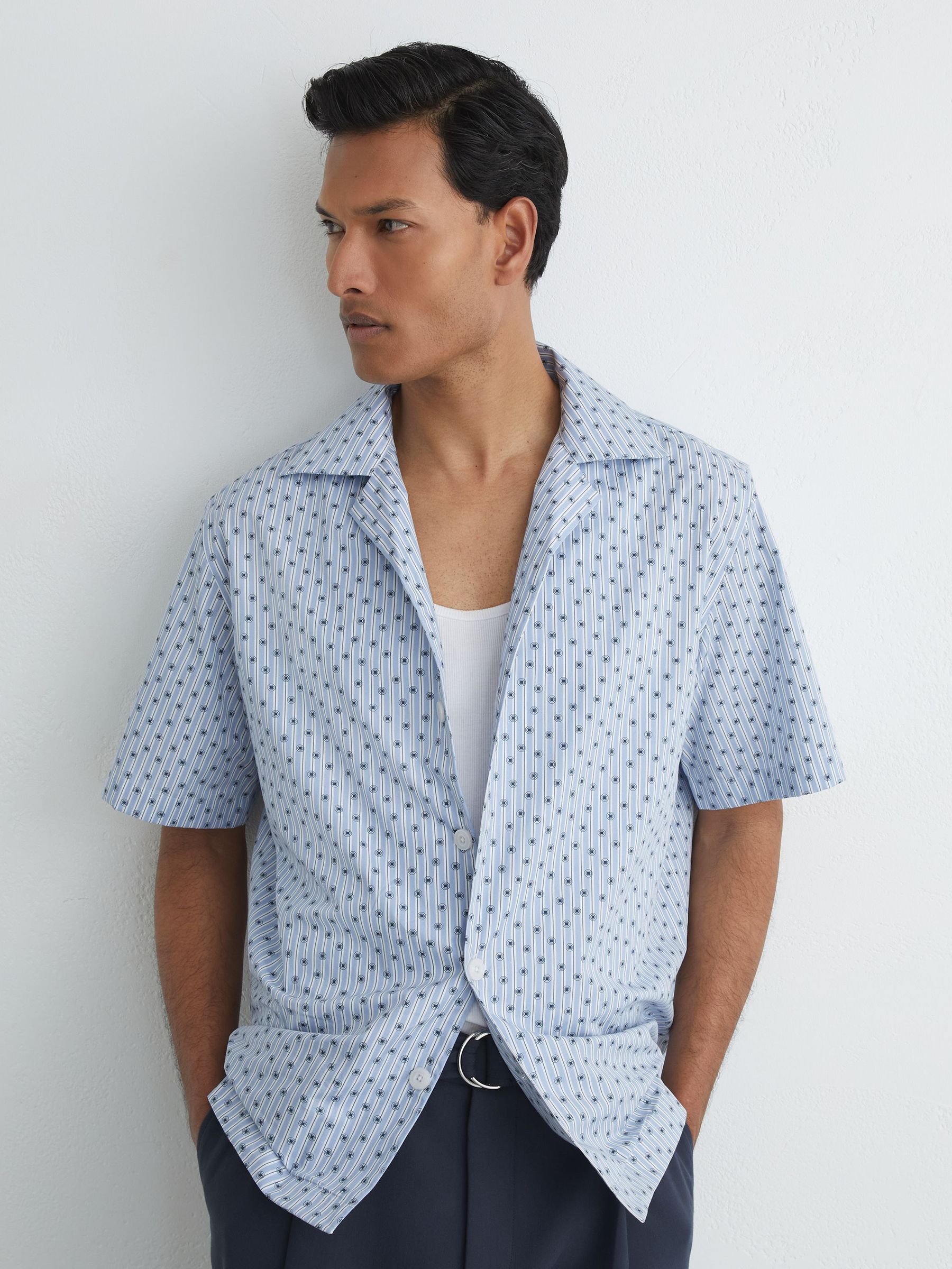 Cotton Medallion-Print Cuban-Collar Shirt in Soft Blue - image 5