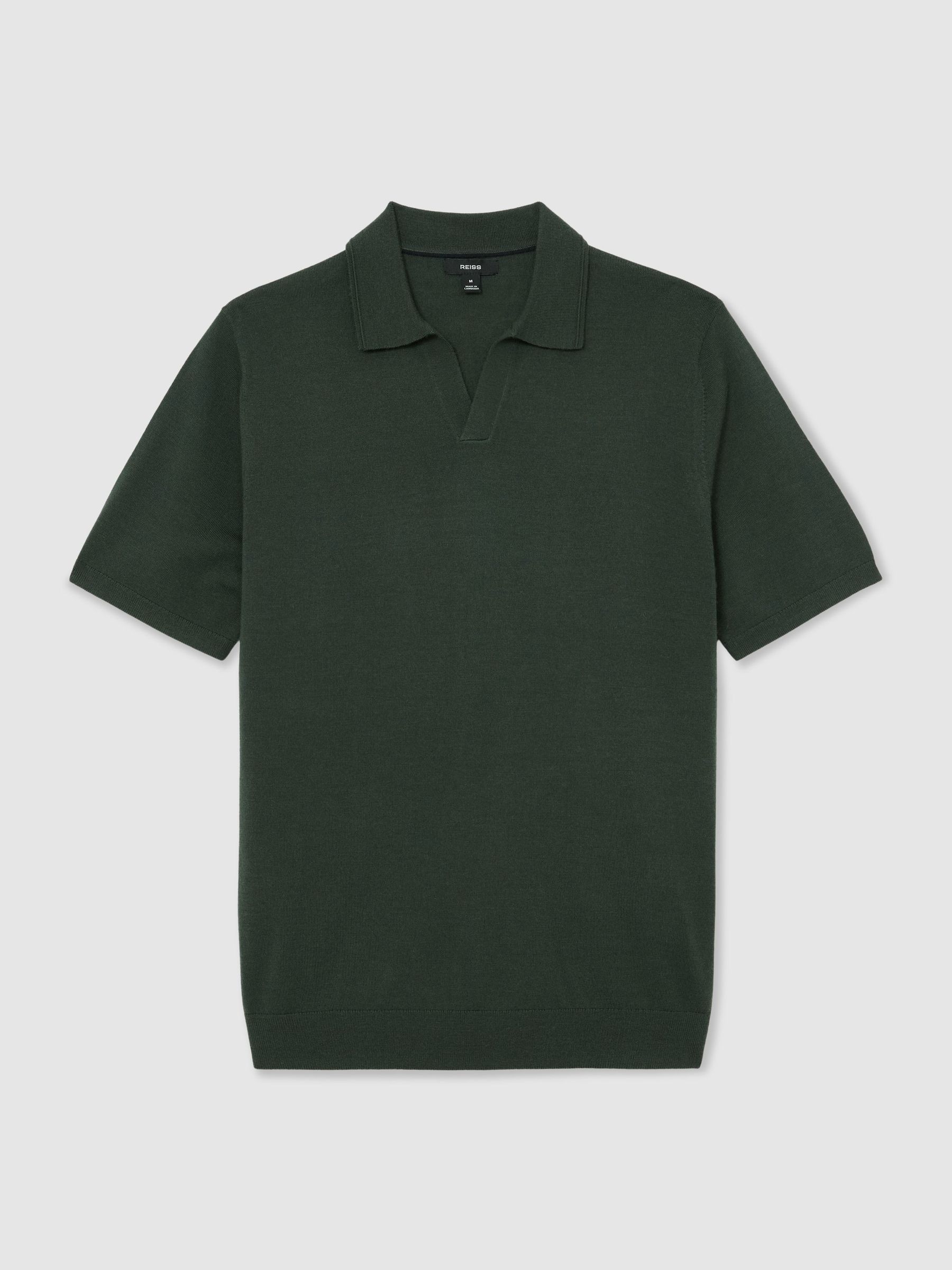 Merino Wool Open Collar Polo Shirt in Dark Green - Image 2 of 7
