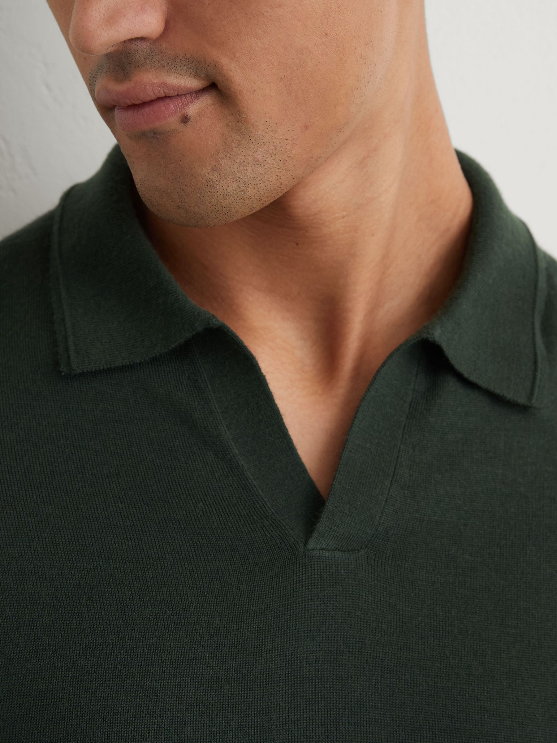 Merino Wool Open Collar Polo Shirt in Dark Green - Image 3 of 7