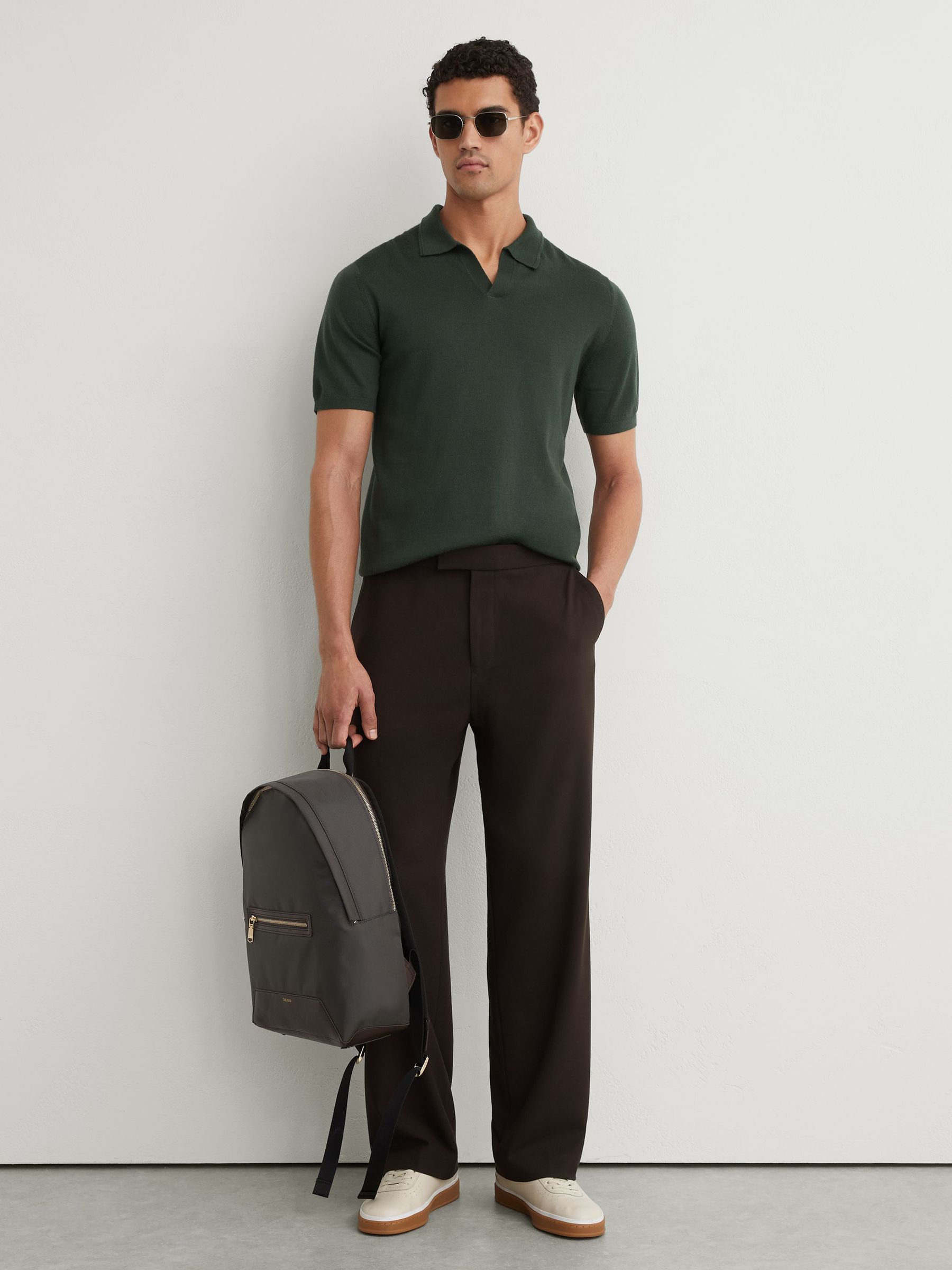 Merino Wool Open Collar Polo Shirt in Dark Green - Image 4 of 7