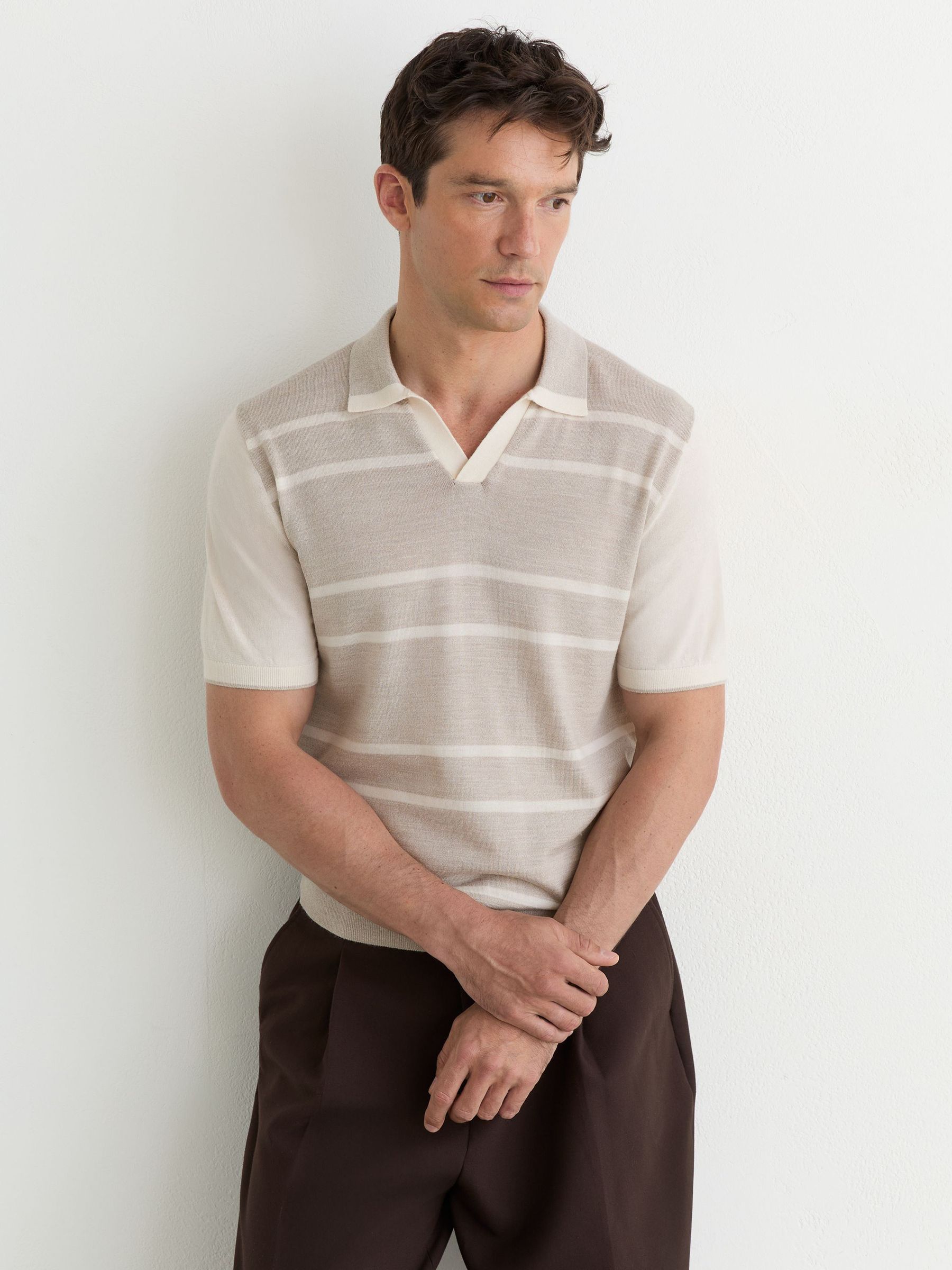 Merino Wool Striped-Knit Polo Jumper in Oatmeal/White - Image 1 of 6