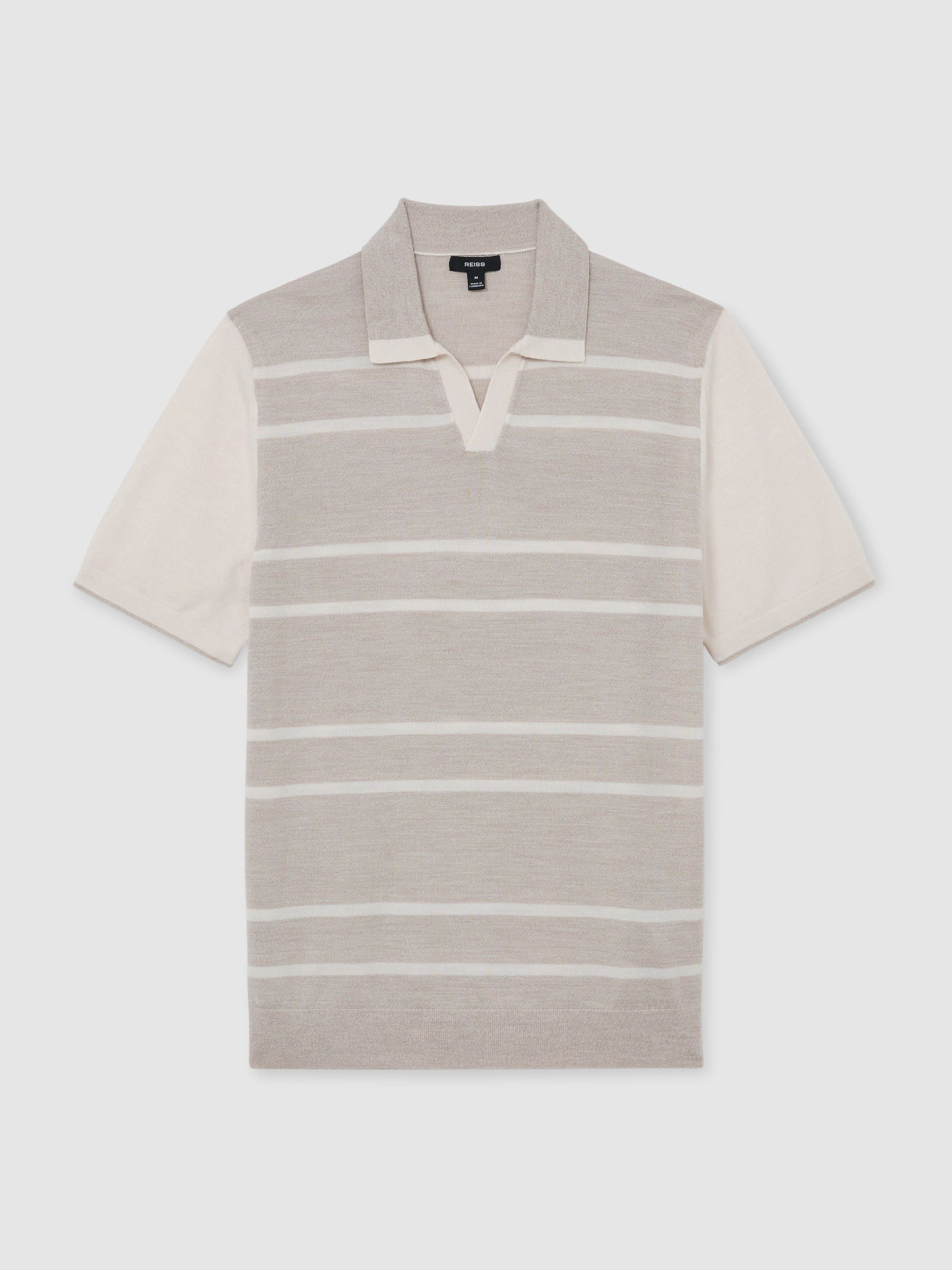 Merino Wool Striped-Knit Polo Jumper in Oatmeal/White - Image 2 of 6
