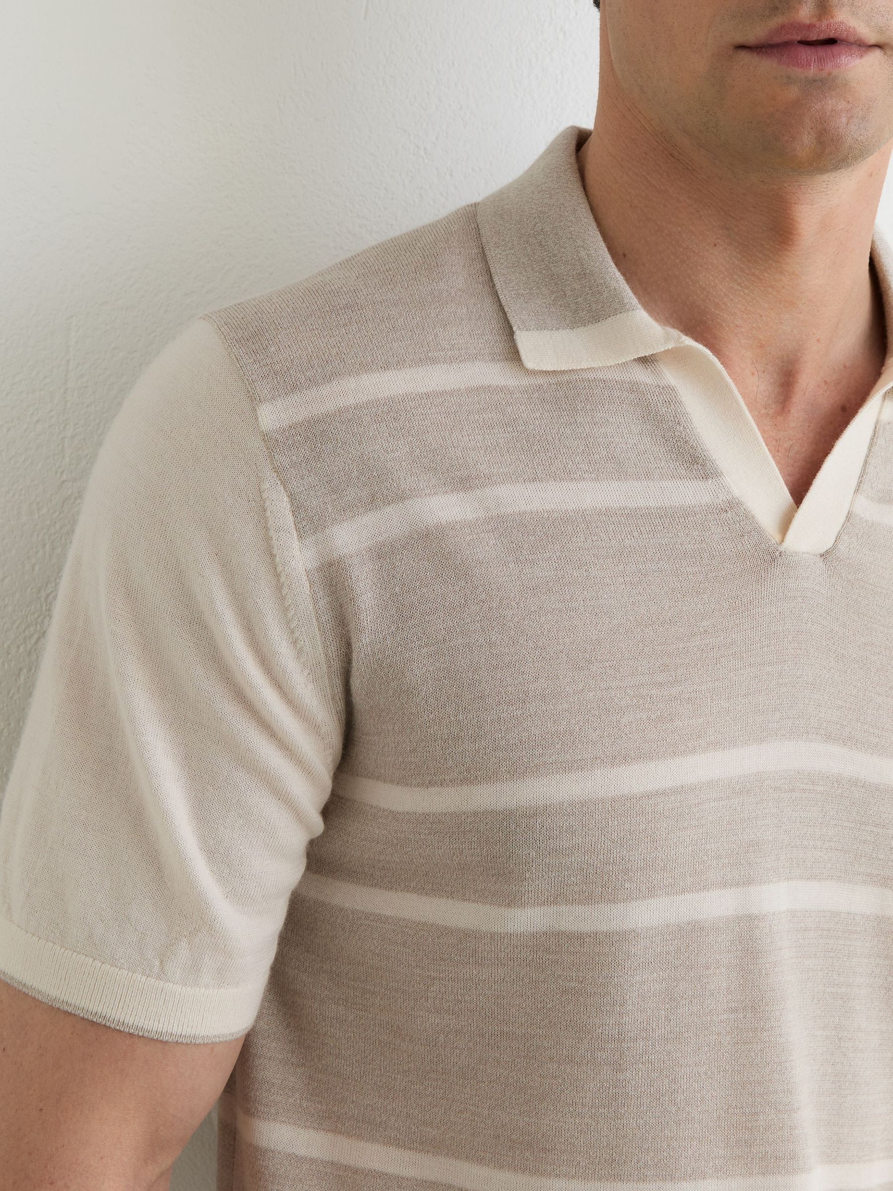 Merino Wool Striped-Knit Polo Jumper in Oatmeal/White - Image 3 of 6