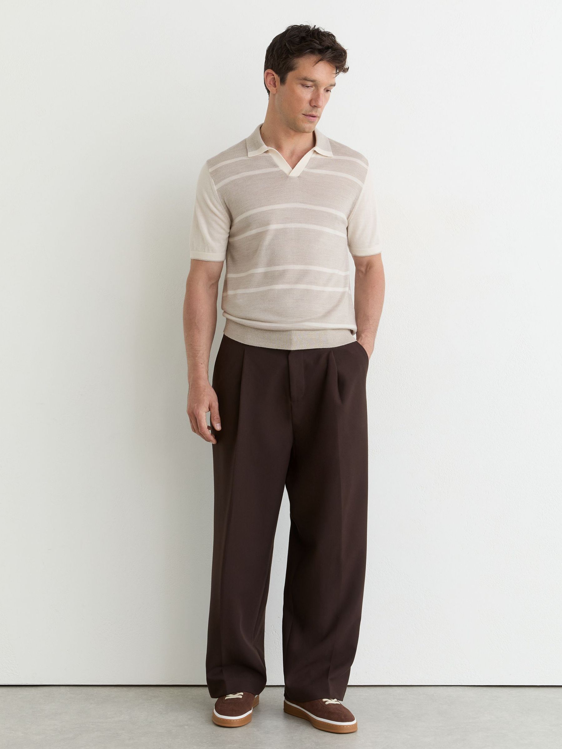 Merino Wool Striped-Knit Polo Jumper in Oatmeal/White - Image 4 of 6