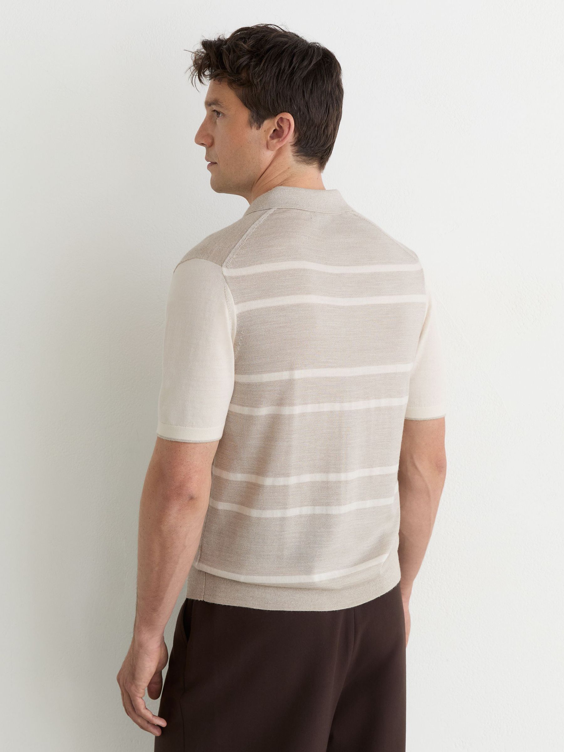 Merino Wool Striped-Knit Polo Jumper in Oatmeal/White - image 4
