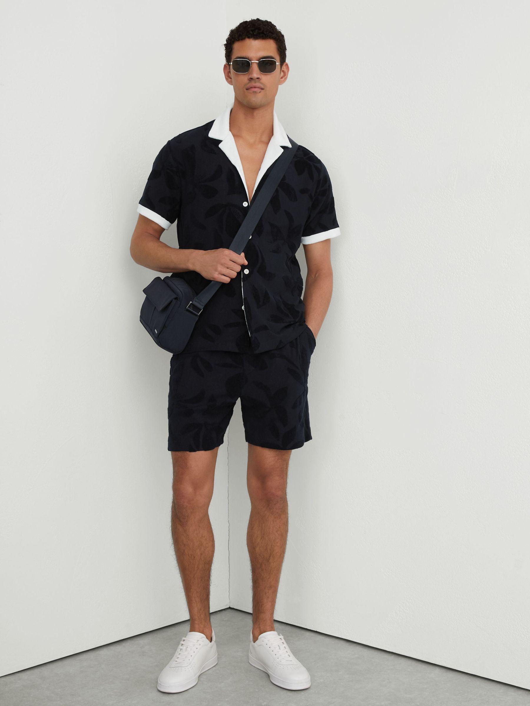 Towelling-Jacquard Tipped Shirt in Navy - Image 6 of 8