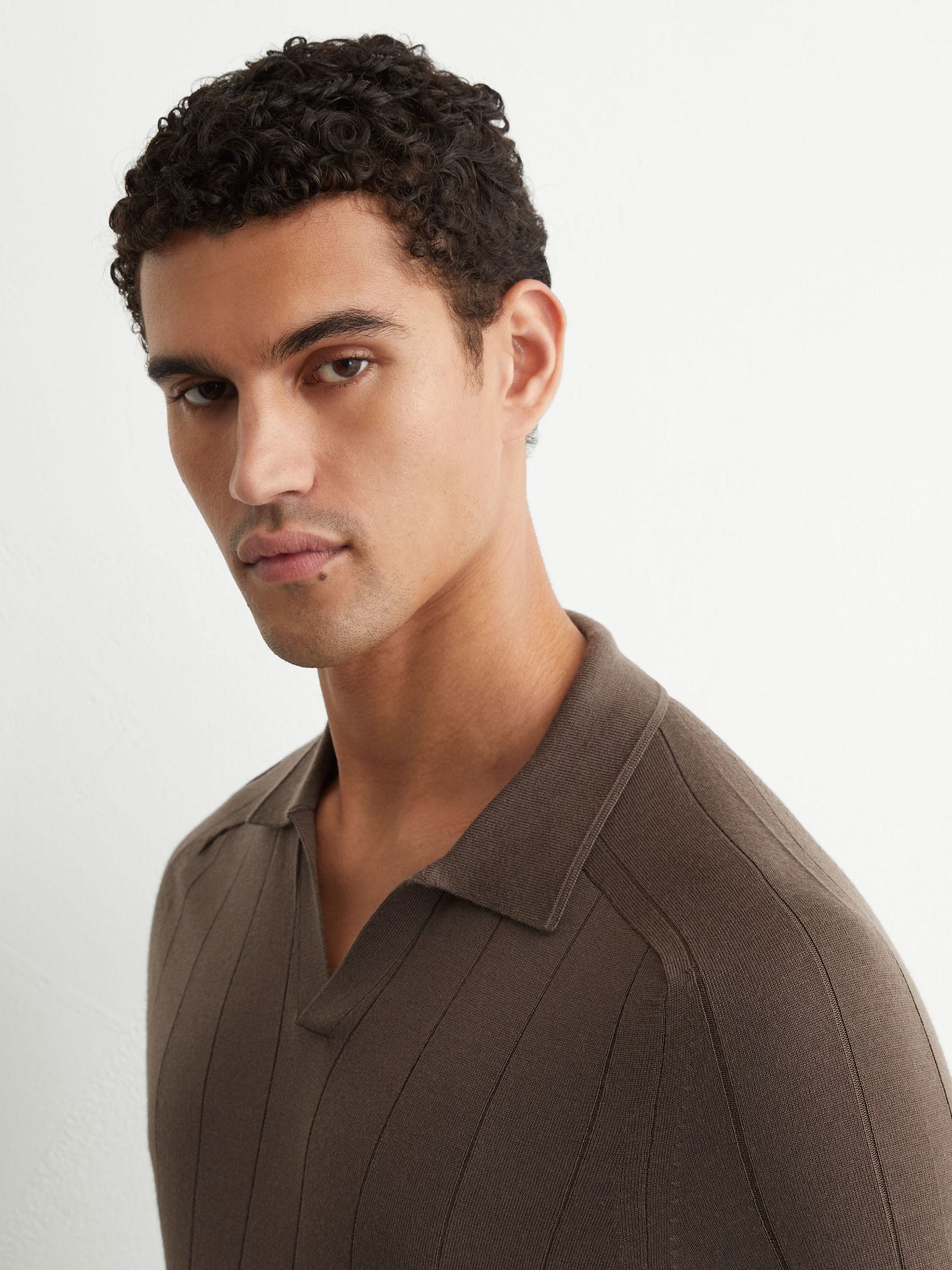 Merino Wool Wide-Rib Polo Jumper in Ridge Brown - Image 1 of 6