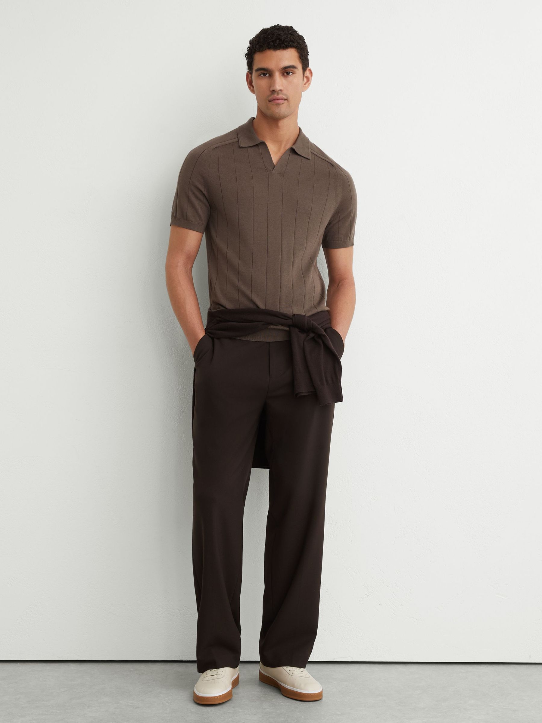Merino Wool Wide-Rib Polo Jumper in Ridge Brown - Image 3 of 6