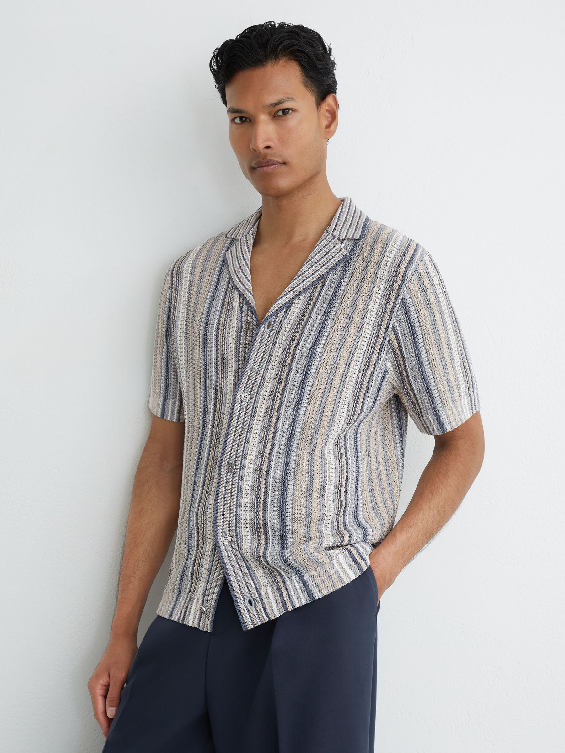 Textured-Knit Stripe Cuban-Collar Shirt in Blue/Camel - Image 1 of 6