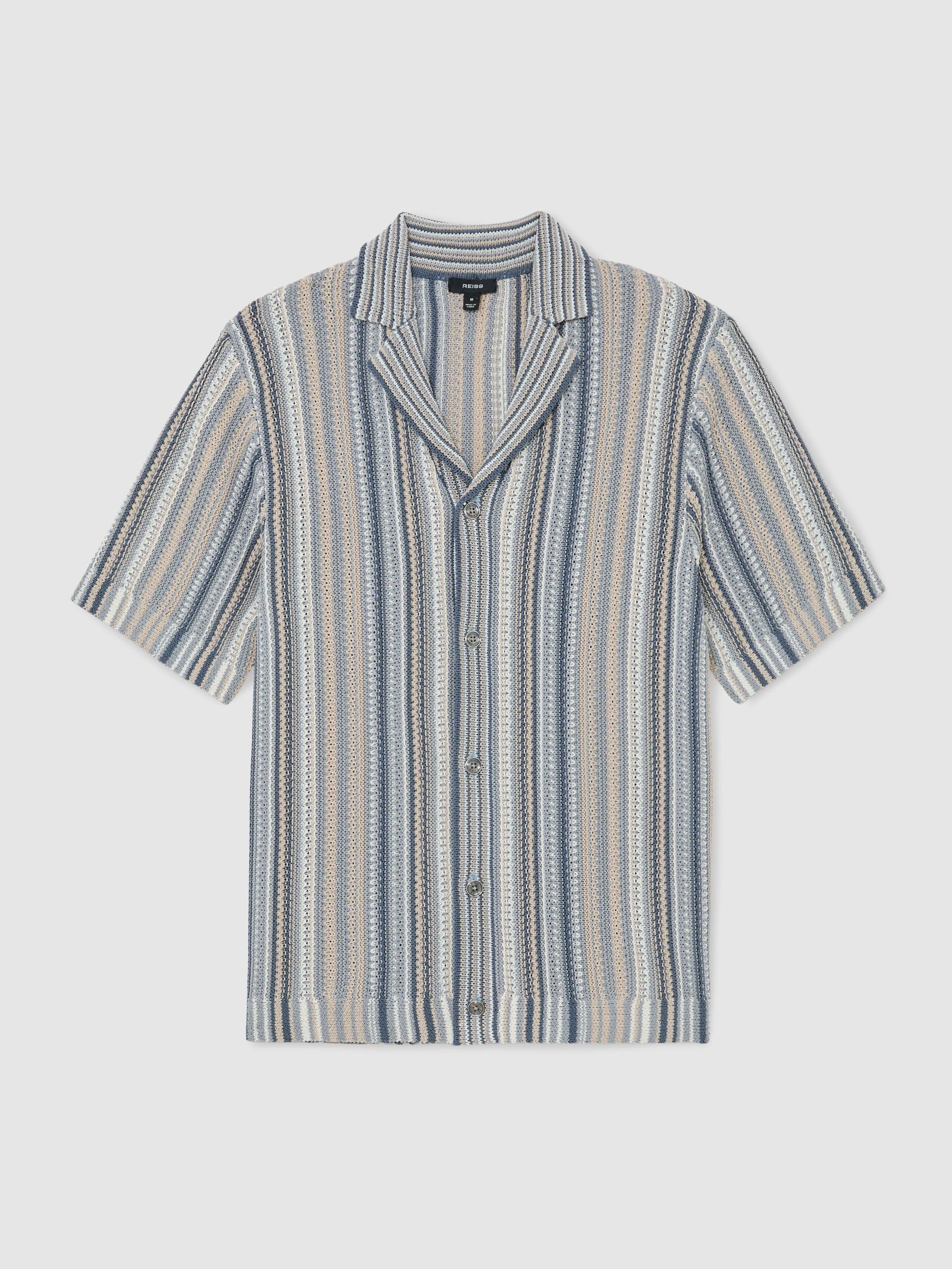 Textured-Knit Stripe Cuban-Collar Shirt in Blue/Camel - Image 2 of 6