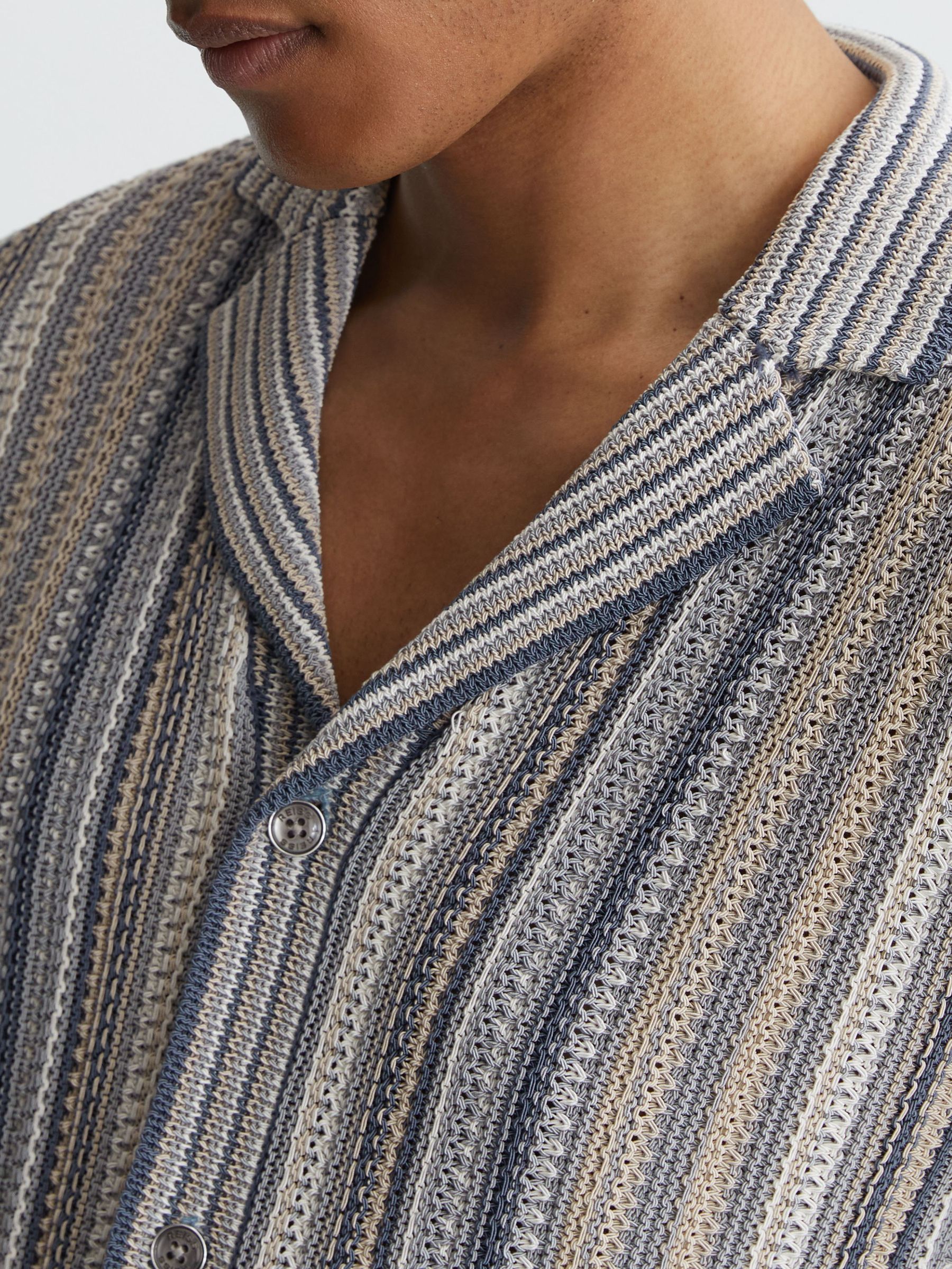 Textured-Knit Stripe Cuban-Collar Shirt in Blue/Camel - Image 3 of 6