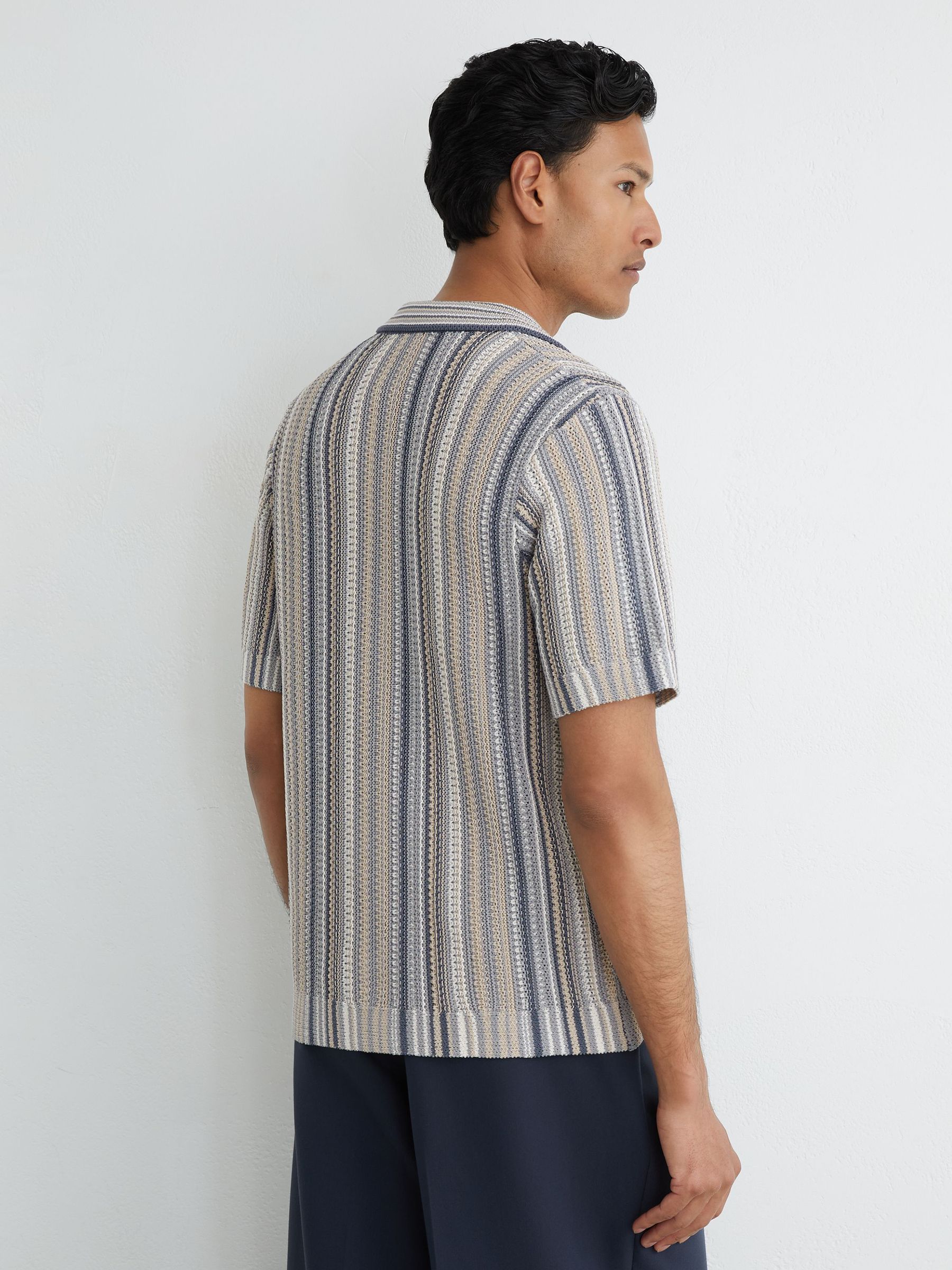 Textured-Knit Stripe Cuban-Collar Shirt in Blue/Camel - Image 4 of 6