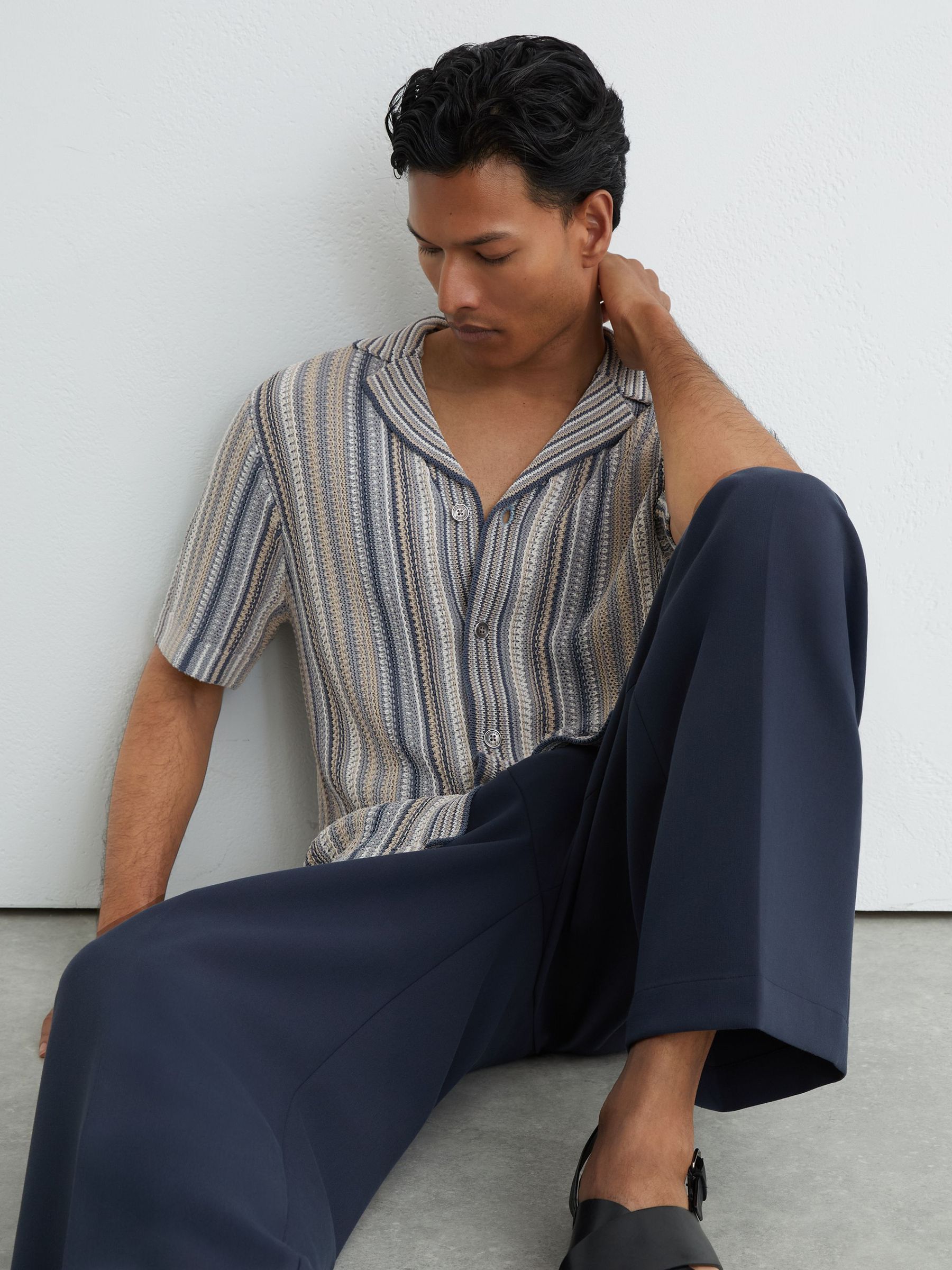 Textured-Knit Stripe Cuban-Collar Shirt in Blue/Camel - Image 5 of 6