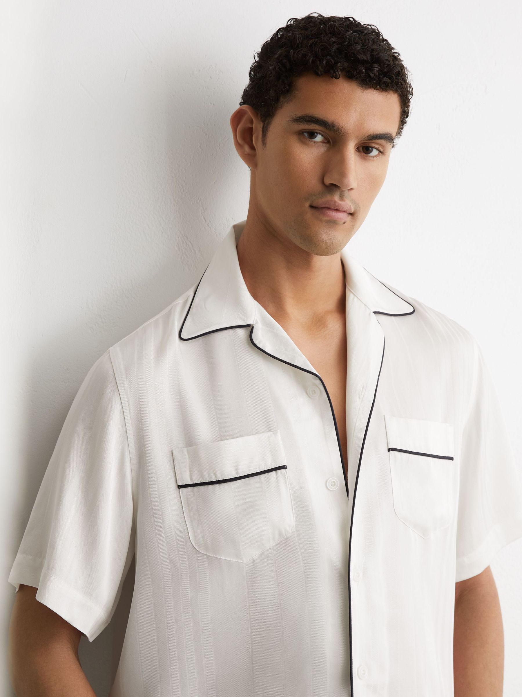 Jacquard-Stripe Piped Shirt in Ivory White - Image 1 of 7