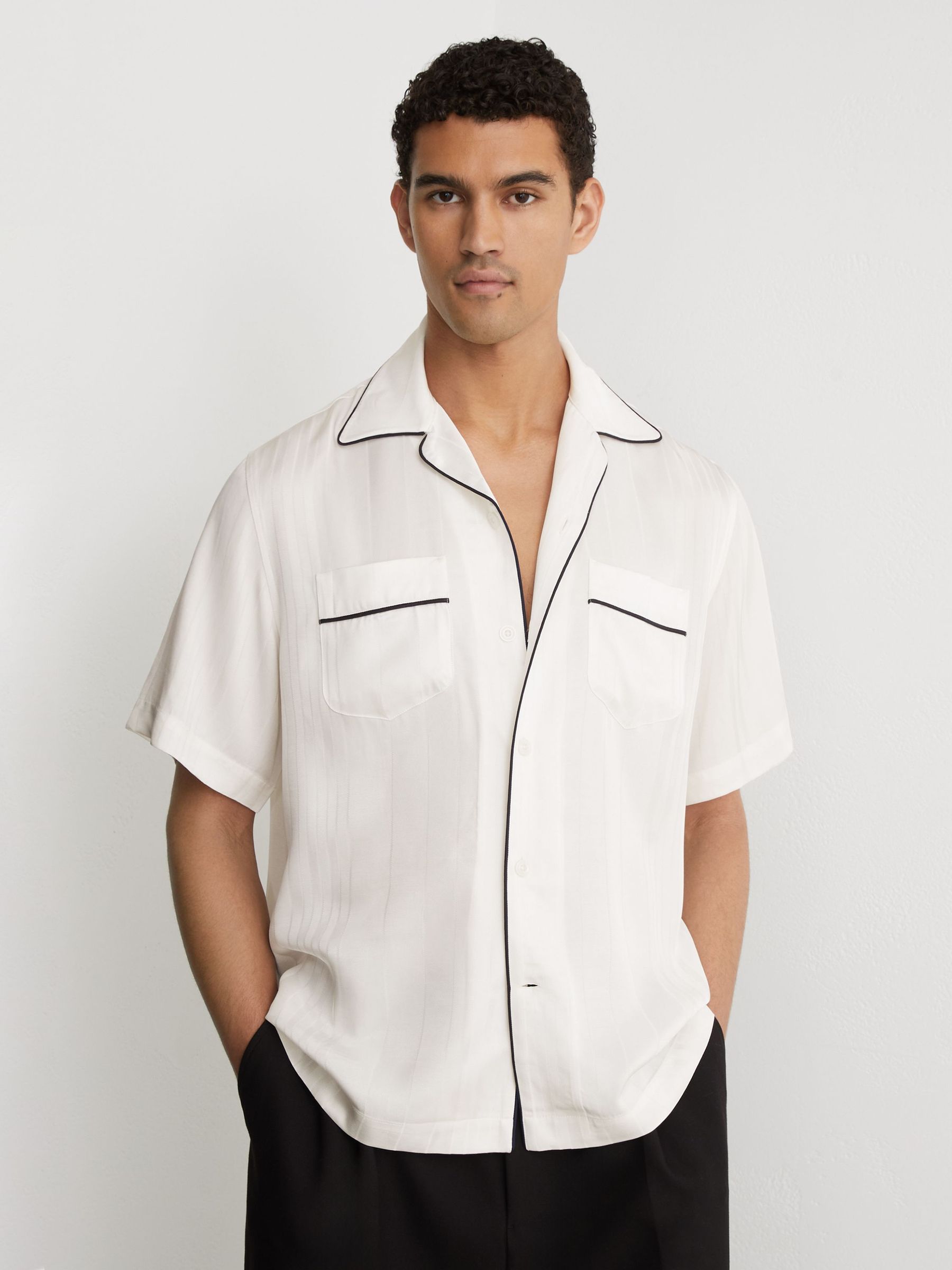 Jacquard-Stripe Piped Shirt in Ivory White - Image 4 of 7
