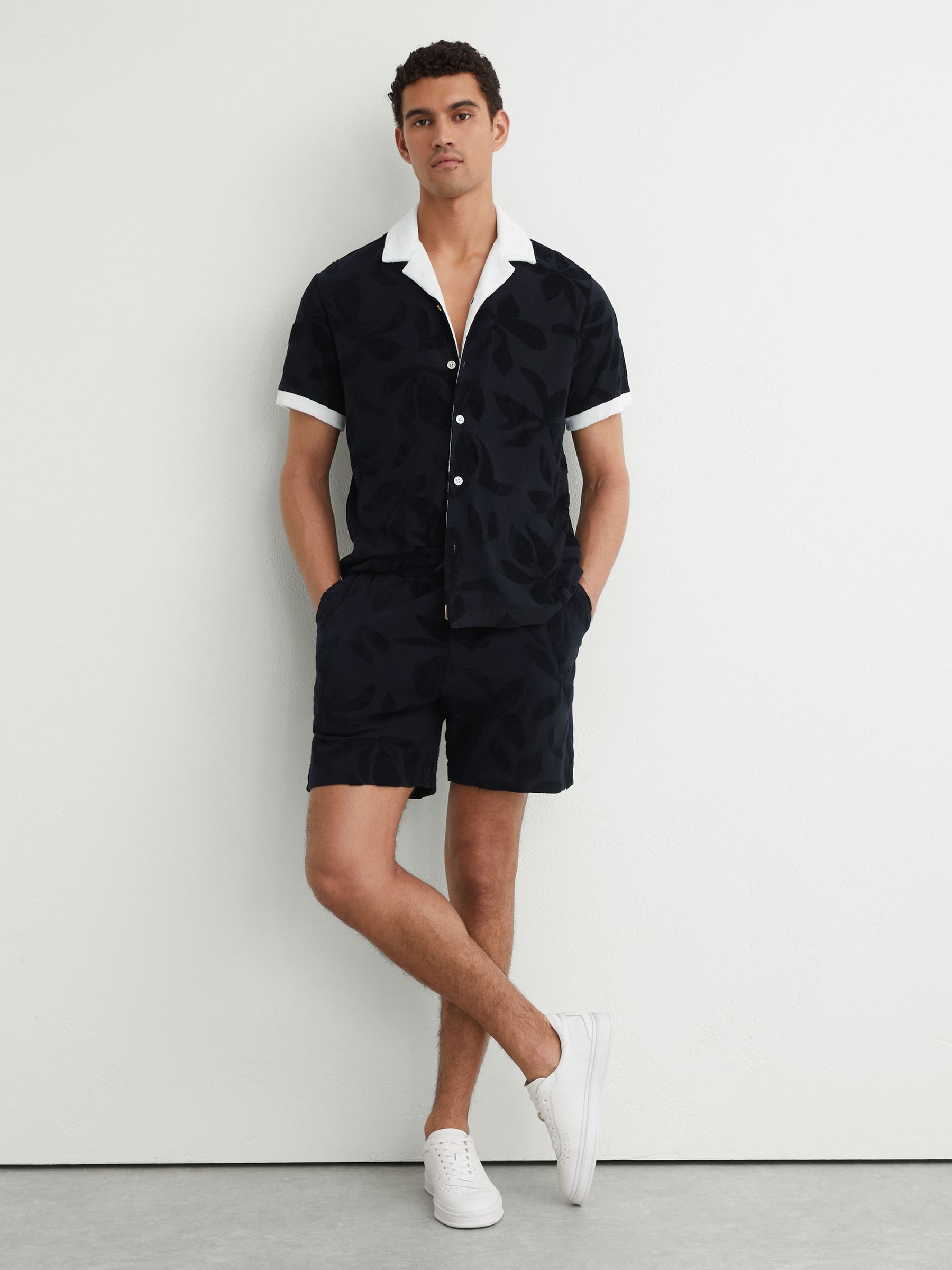 Towelling-Jacquard Drawstring Shorts in Navy - Image 3 of 6