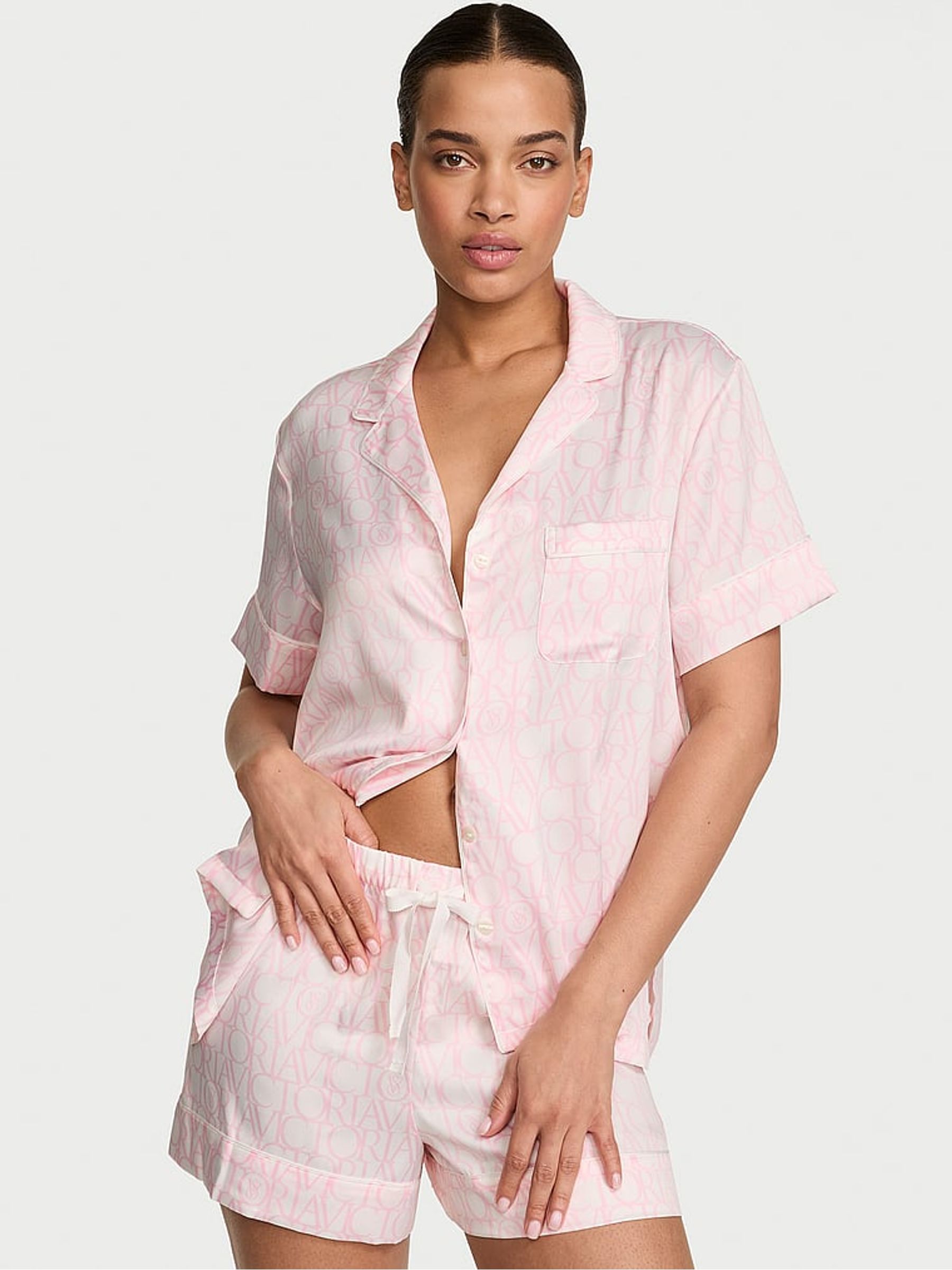 White & Pink Logo Satin Short Pyjamas Set - Image 1 of 2