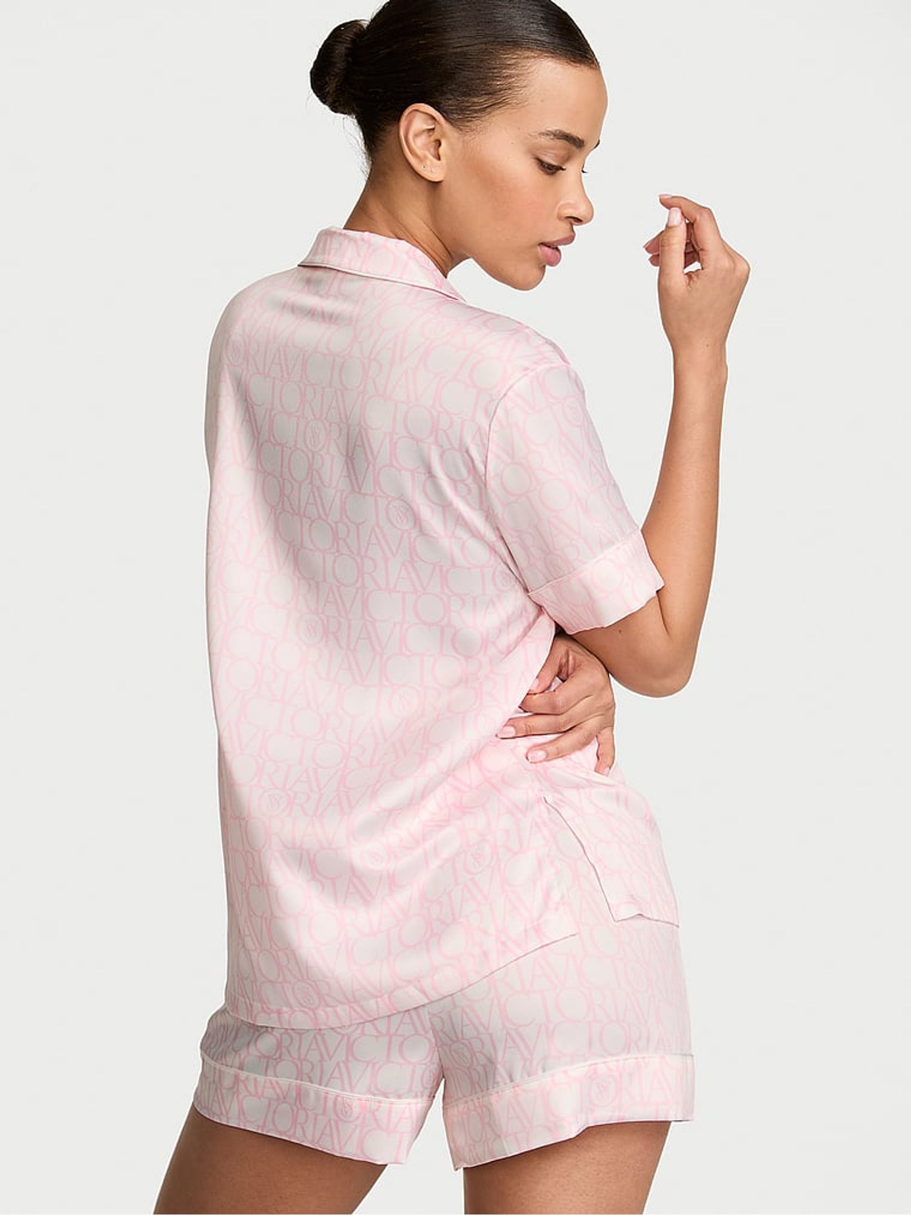 White & Pink Logo Satin Short Pyjamas Set - Image 2 of 2 White & Pink Logo Satin Short Pyjamas Set - Image 2 of 2