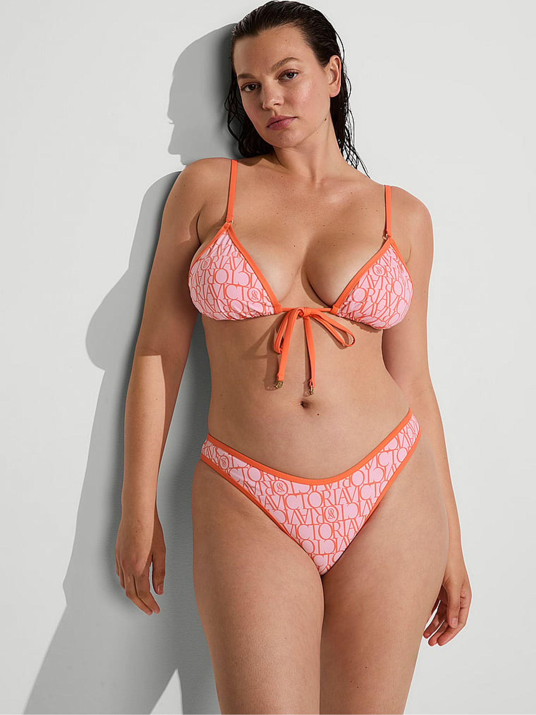 Coral Pink Logo Tie Front Triangle Bikini Top - Image 2 of 2