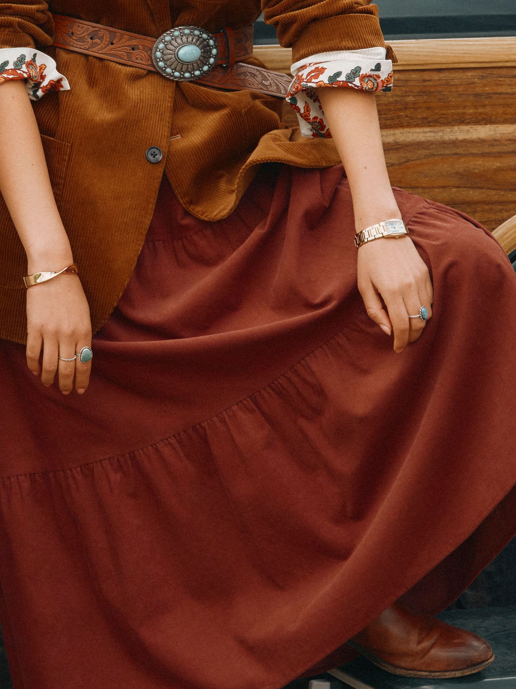 Tiered Brown Cord Maxi Skirt - Image 2 of 9