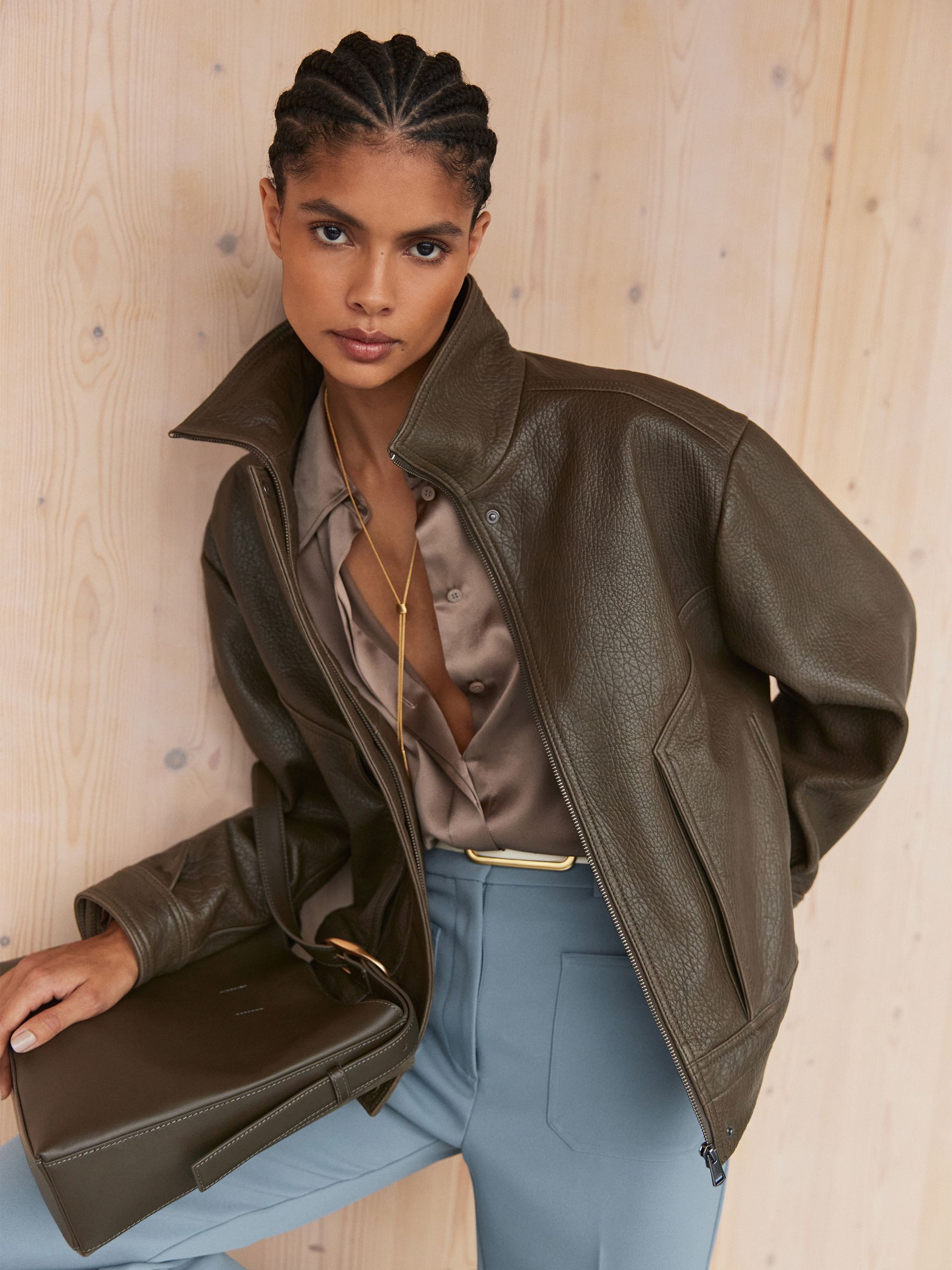 Oversize Grained-Leather Bomber Jacket in Khaki Green - image 5