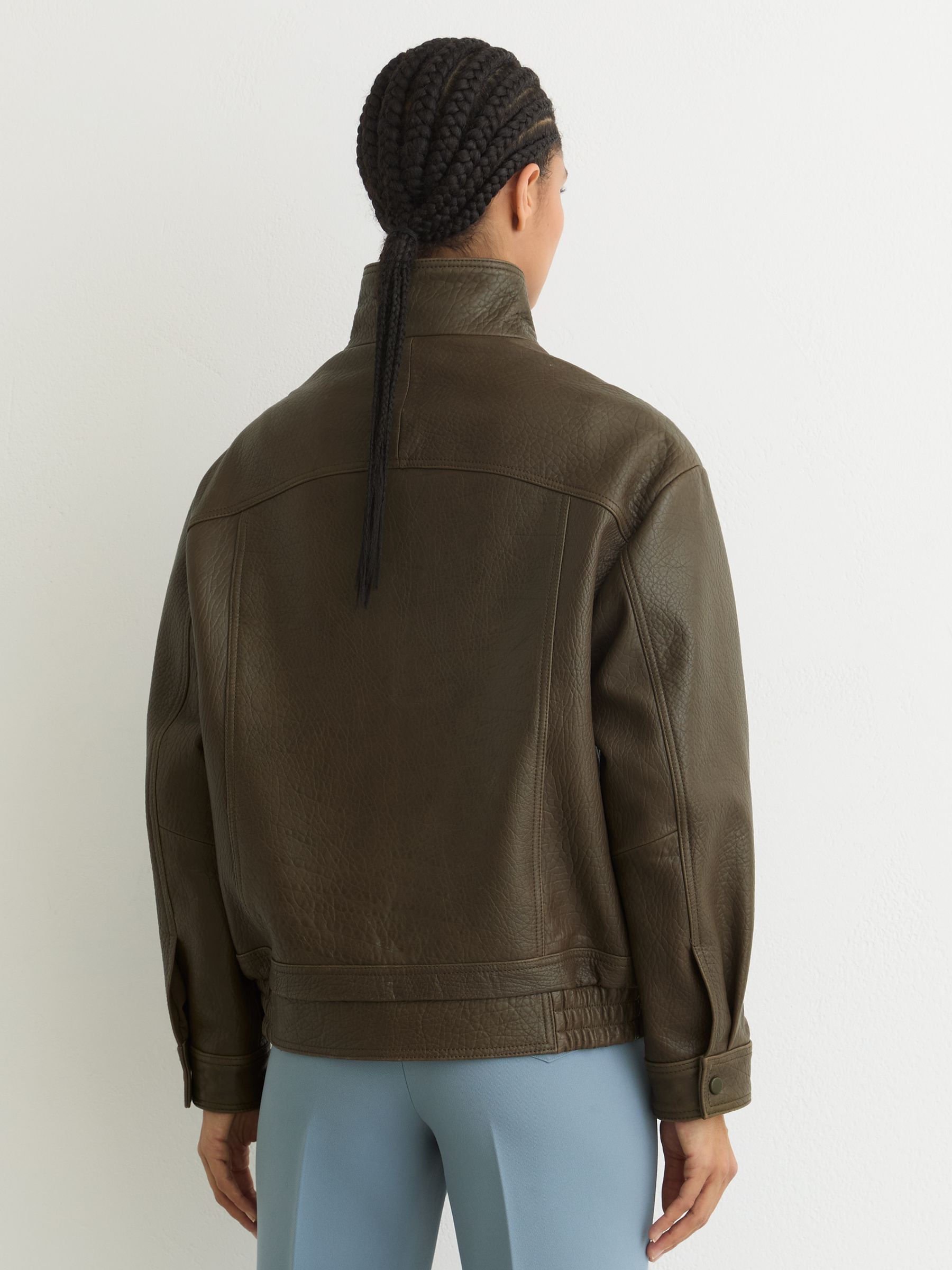 Oversize Grained-Leather Bomber Jacket in Khaki Green - Image 7 of 8