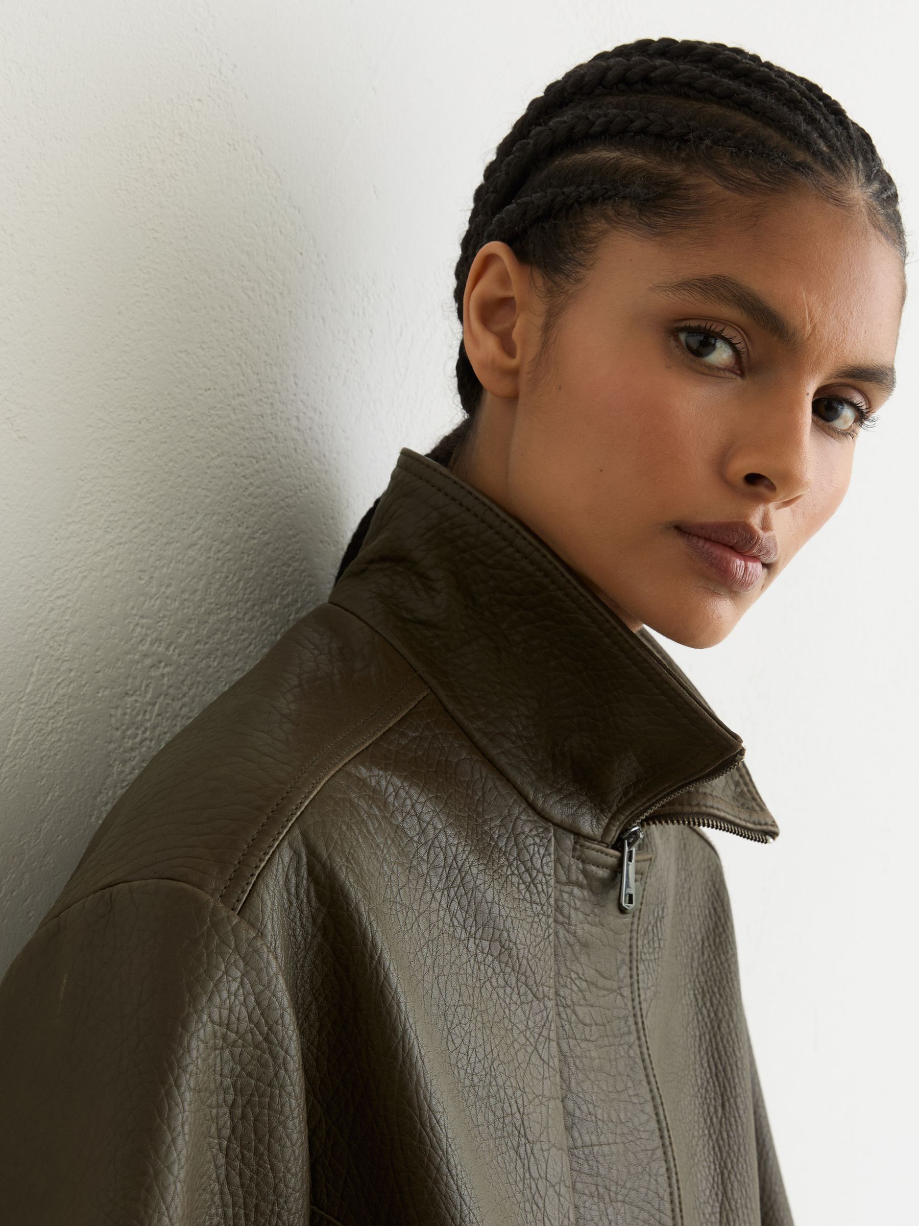 Oversize Grained-Leather Bomber Jacket in Khaki Green - image 2