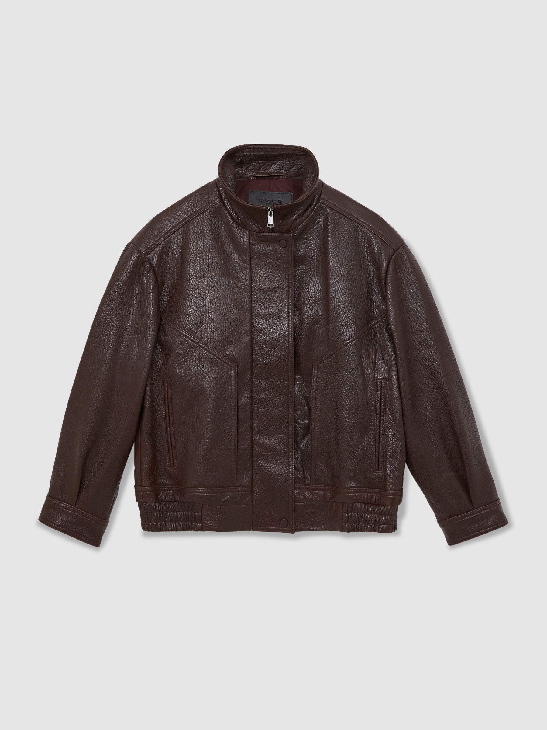 Oversize Grained-Leather Bomber Jacket in Burgundy - Image 2 of 9 Oversize Grained-Leather Bomber Jacket in Burgundy - Image 2 of 9