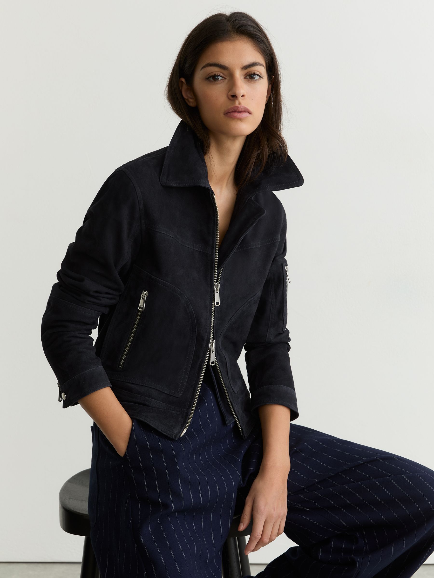 Suede Zip-Through Jacket in Navy - Image 1 of 7