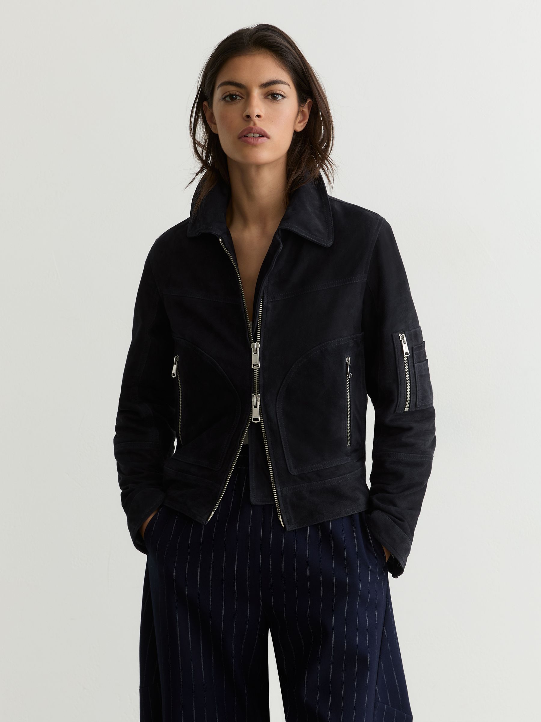 Suede Zip-Through Jacket in Navy - image 5