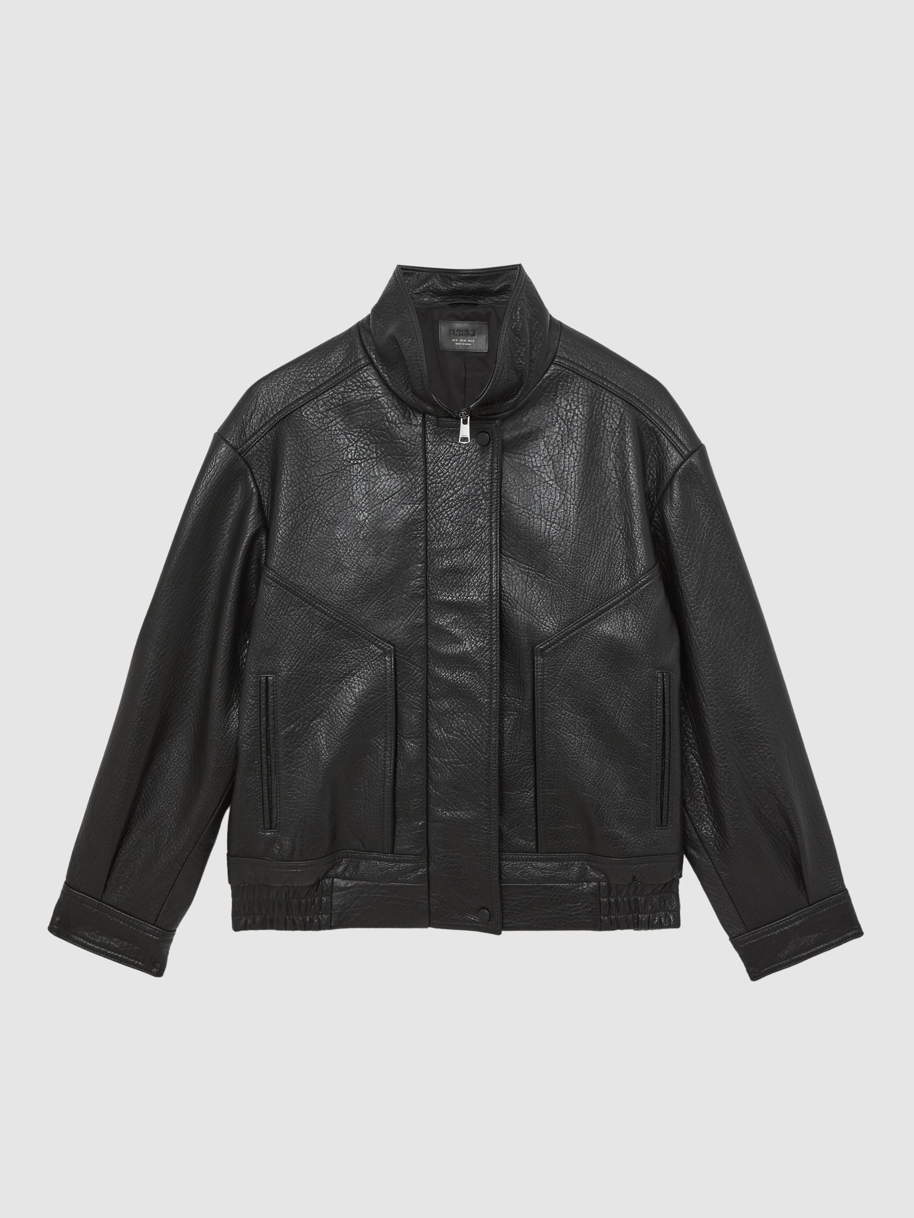 Oversized Grained-Leather Bomber Jacket in Black - Image 2 of 8