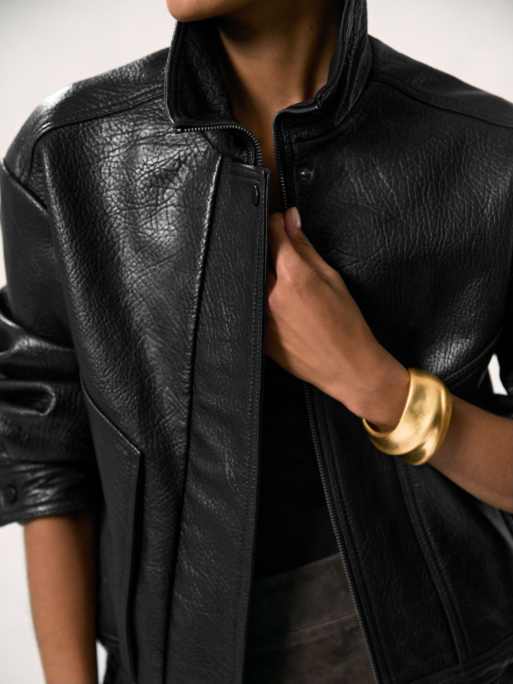 Petite Oversize Grained-Leather Bomber Jacket in Black - image 5