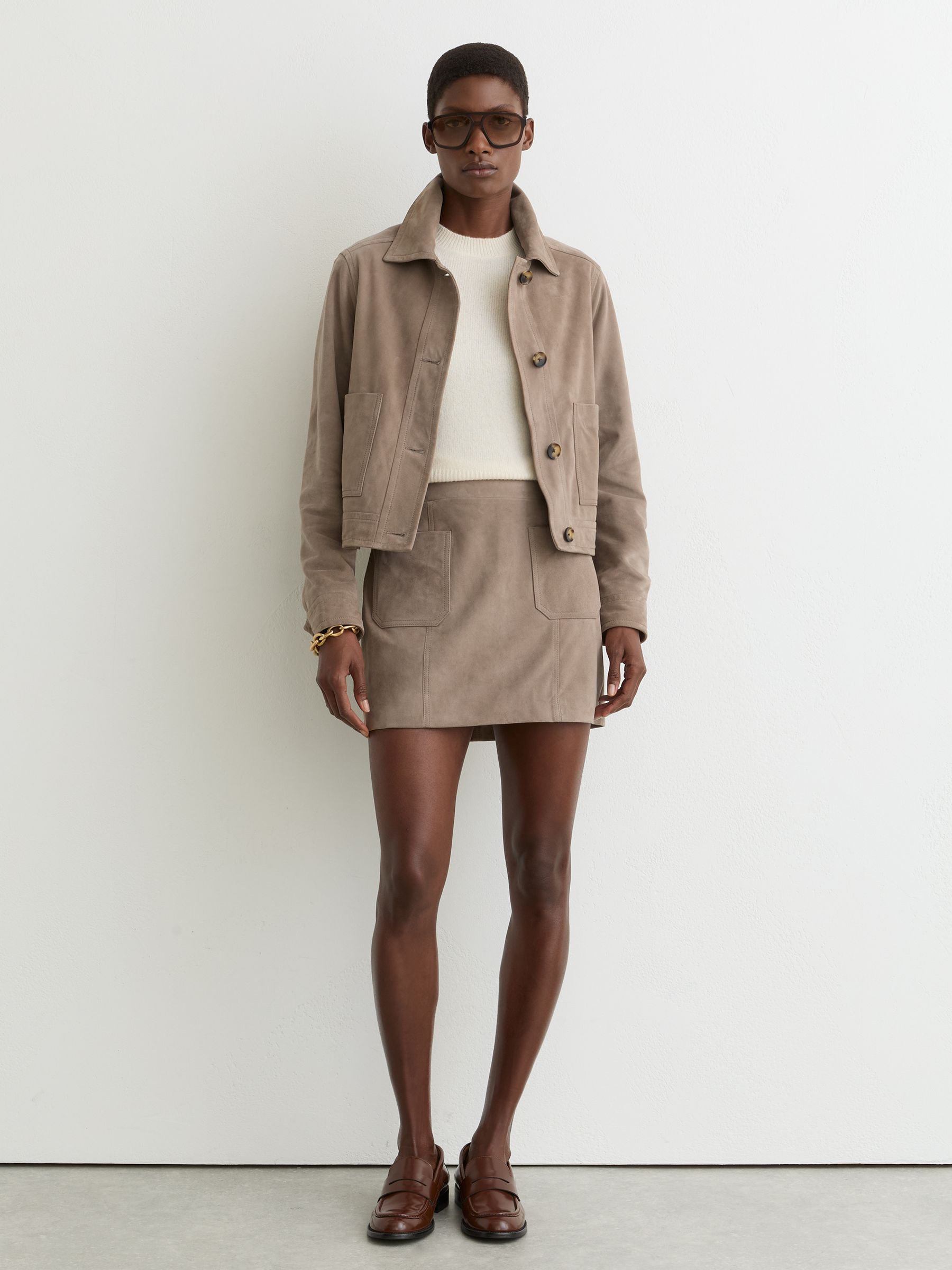 Suede Patch-Pocket Mini Skirt in Neutral - Image 1 of 6