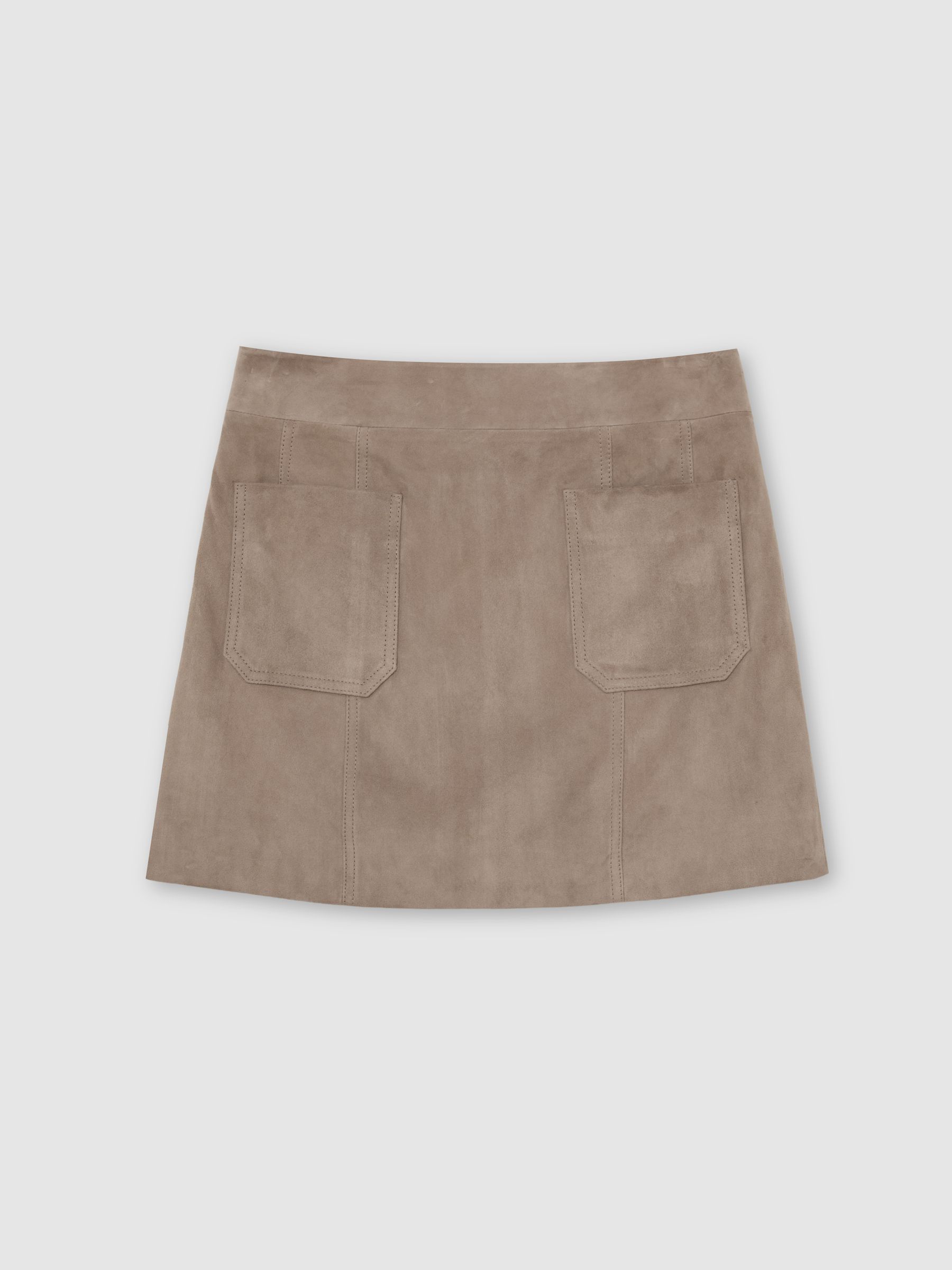 Suede Patch-Pocket Mini Skirt in Neutral