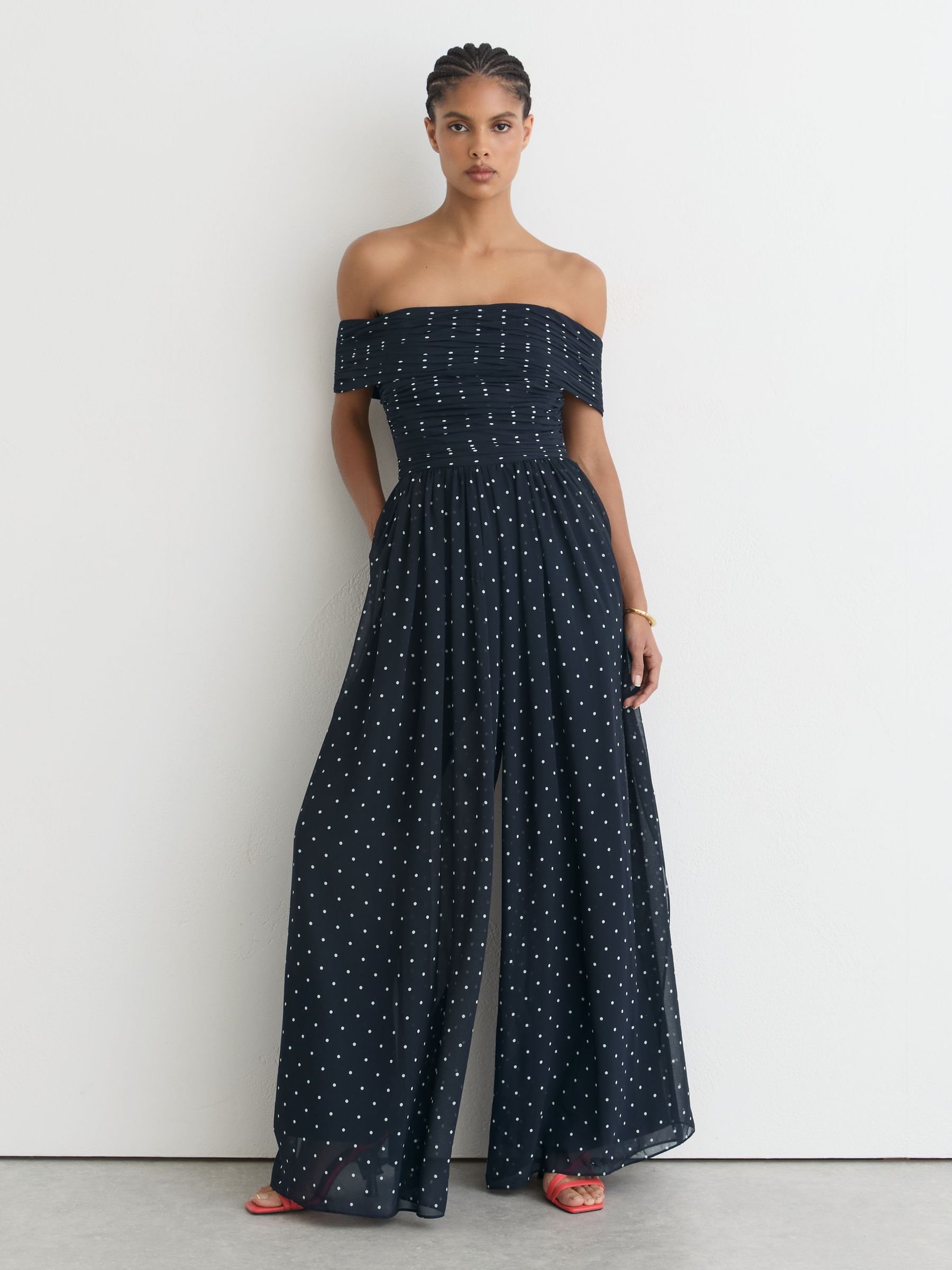 Polka-Dot Bardot Wide-Leg Jumpsuit in Navy/Ivory - Image 1 of 7