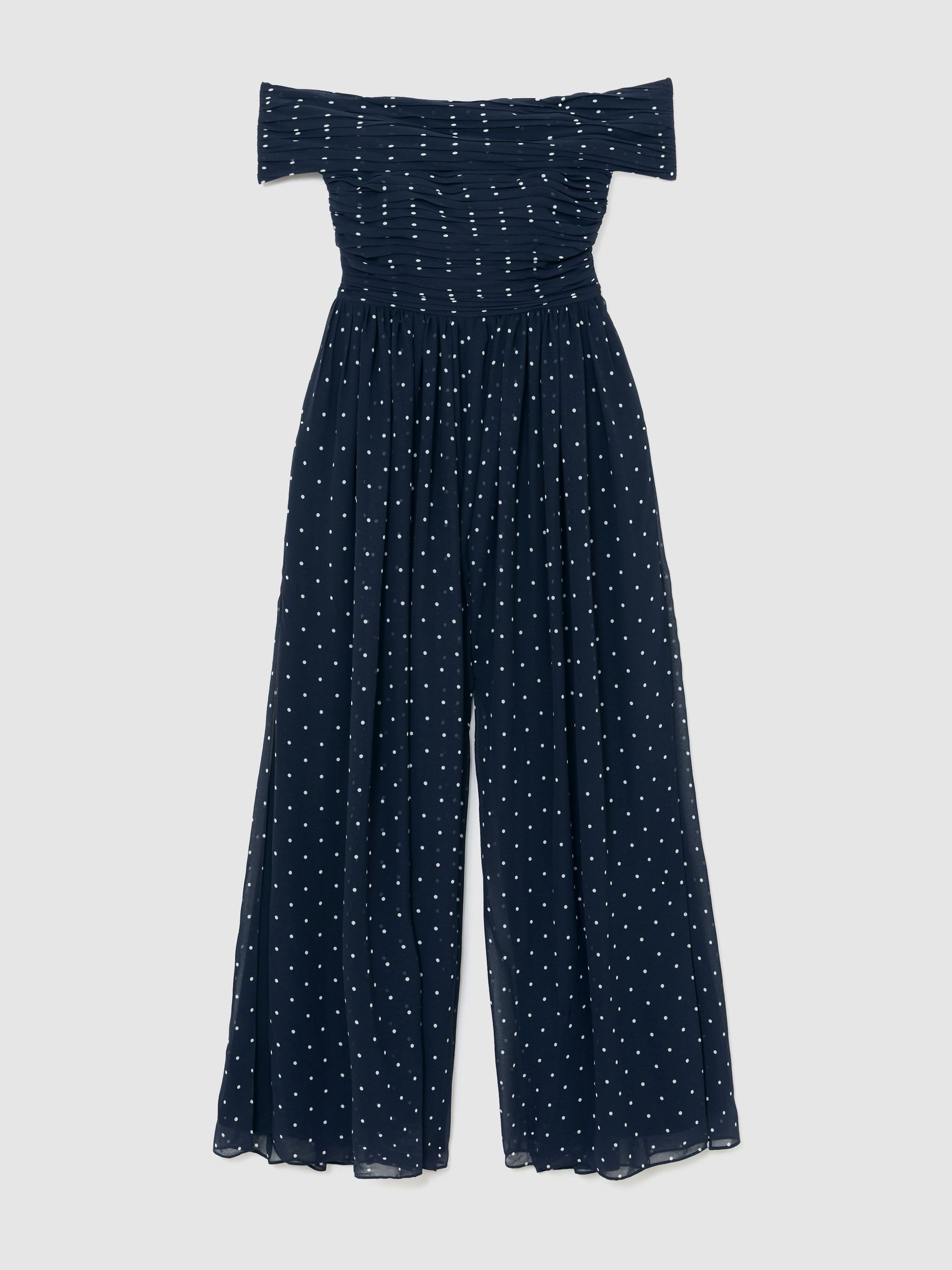 Polka-Dot Bardot Wide-Leg Jumpsuit in Navy/Ivory - Image 2 of 7 Polka-Dot Bardot Wide-Leg Jumpsuit in Navy/Ivory - Image 2 of 7