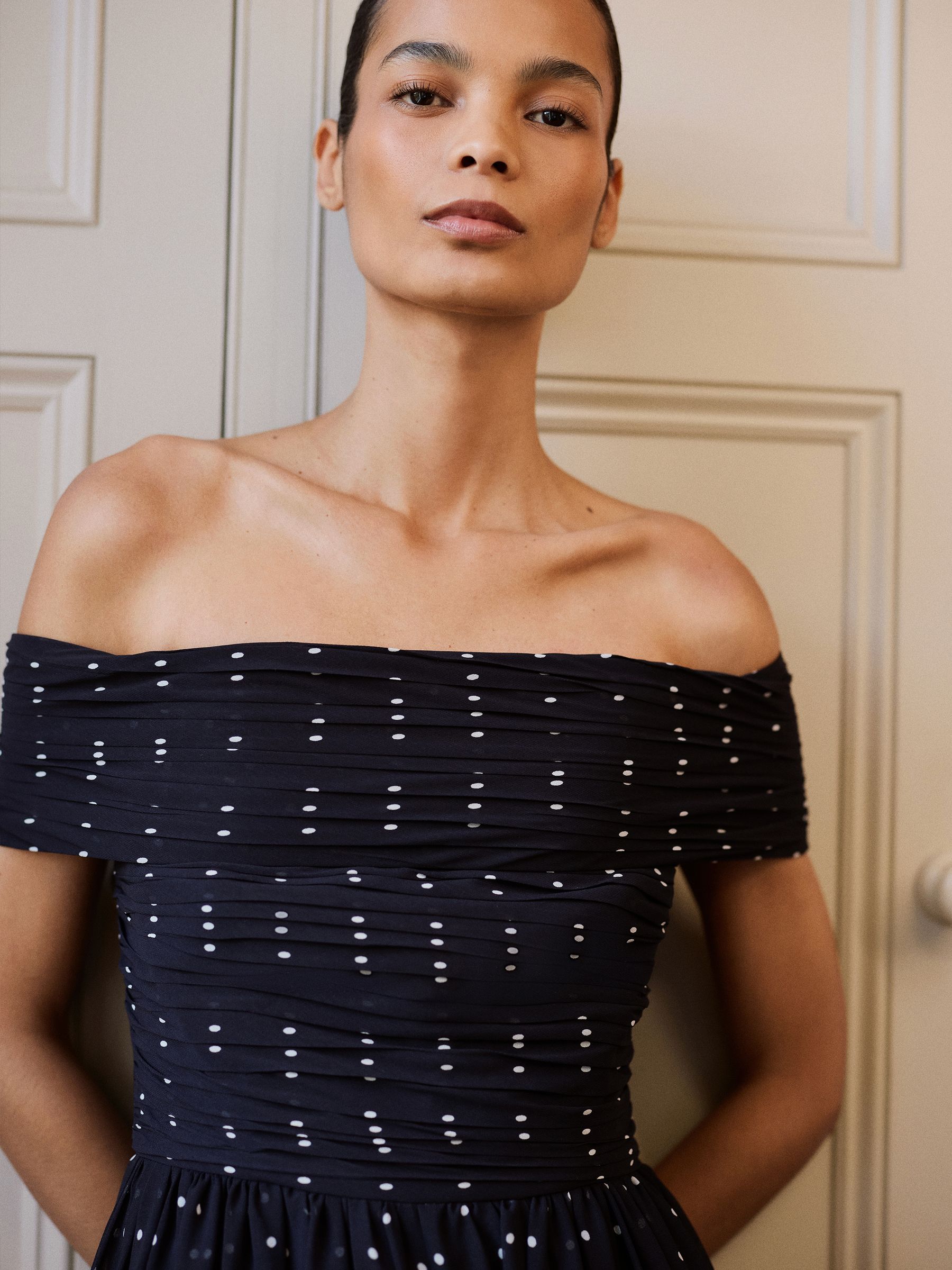 Polka-Dot Bardot Wide-Leg Jumpsuit in Navy/Ivory - Image 3 of 7