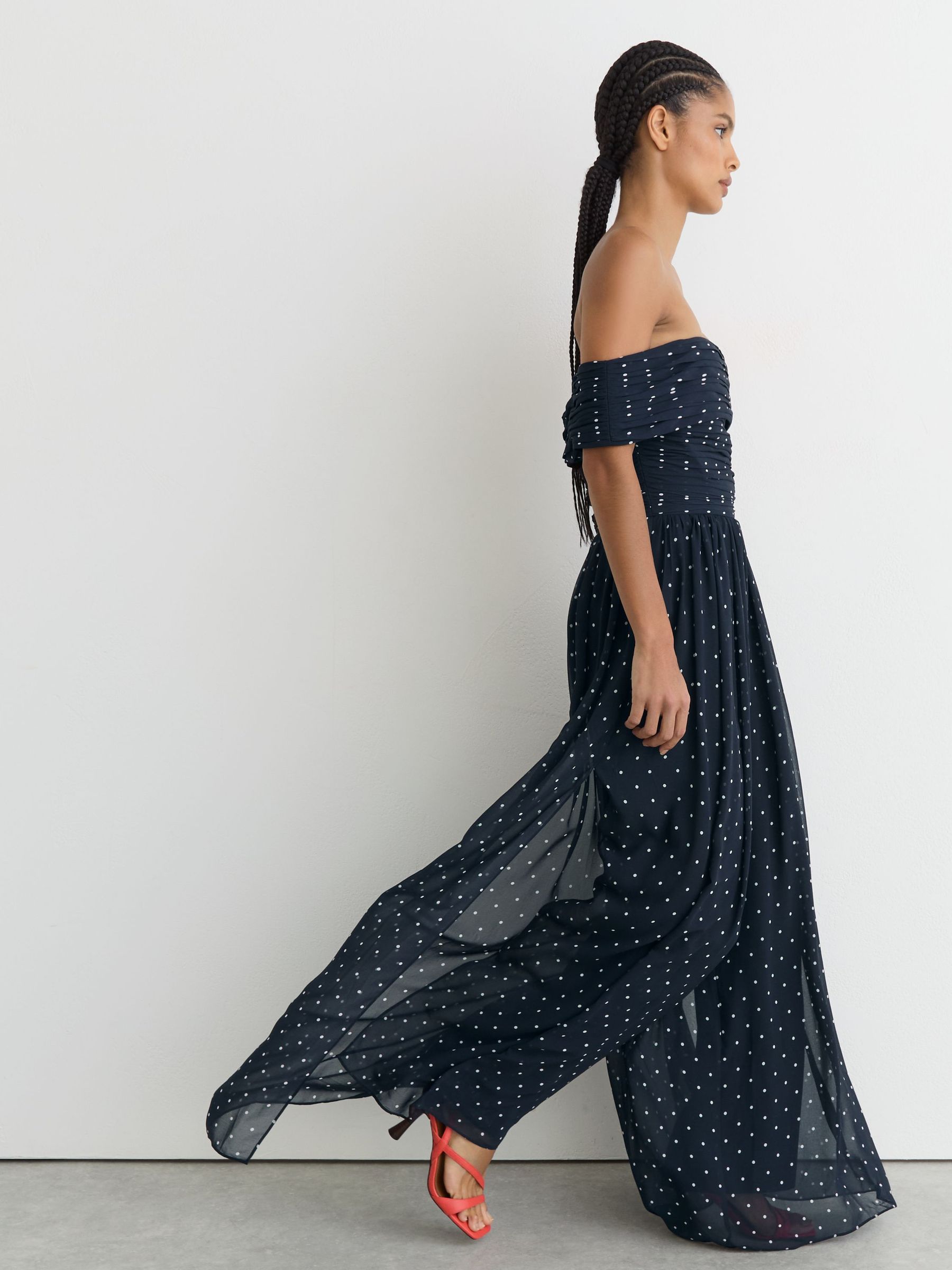 Polka-Dot Bardot Wide-Leg Jumpsuit in Navy/Ivory - Image 4 of 7