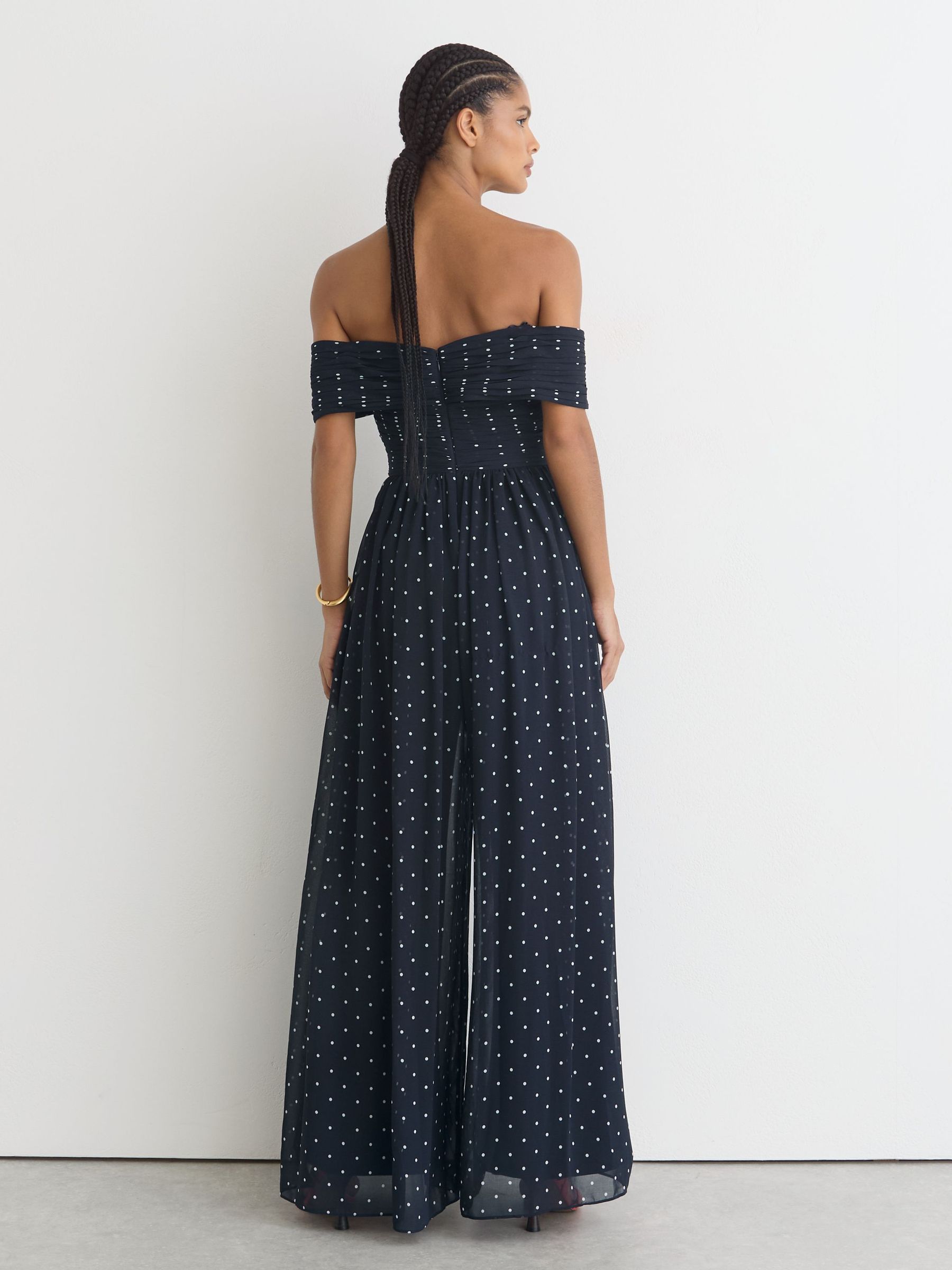 Polka-Dot Bardot Wide-Leg Jumpsuit in Navy/Ivory - Image 5 of 7