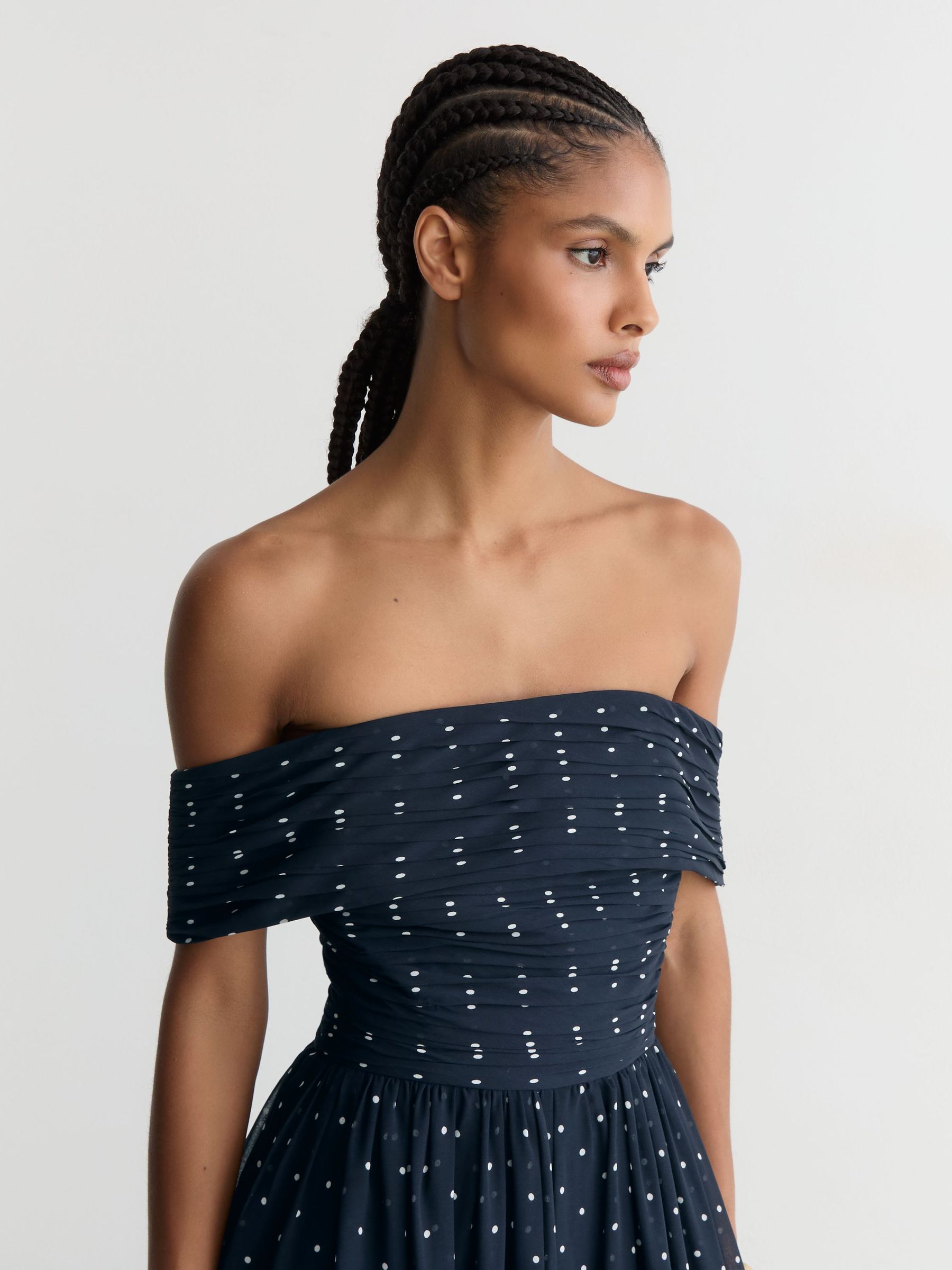 Polka-Dot Bardot Wide-Leg Jumpsuit in Navy/Ivory - Image 6 of 7