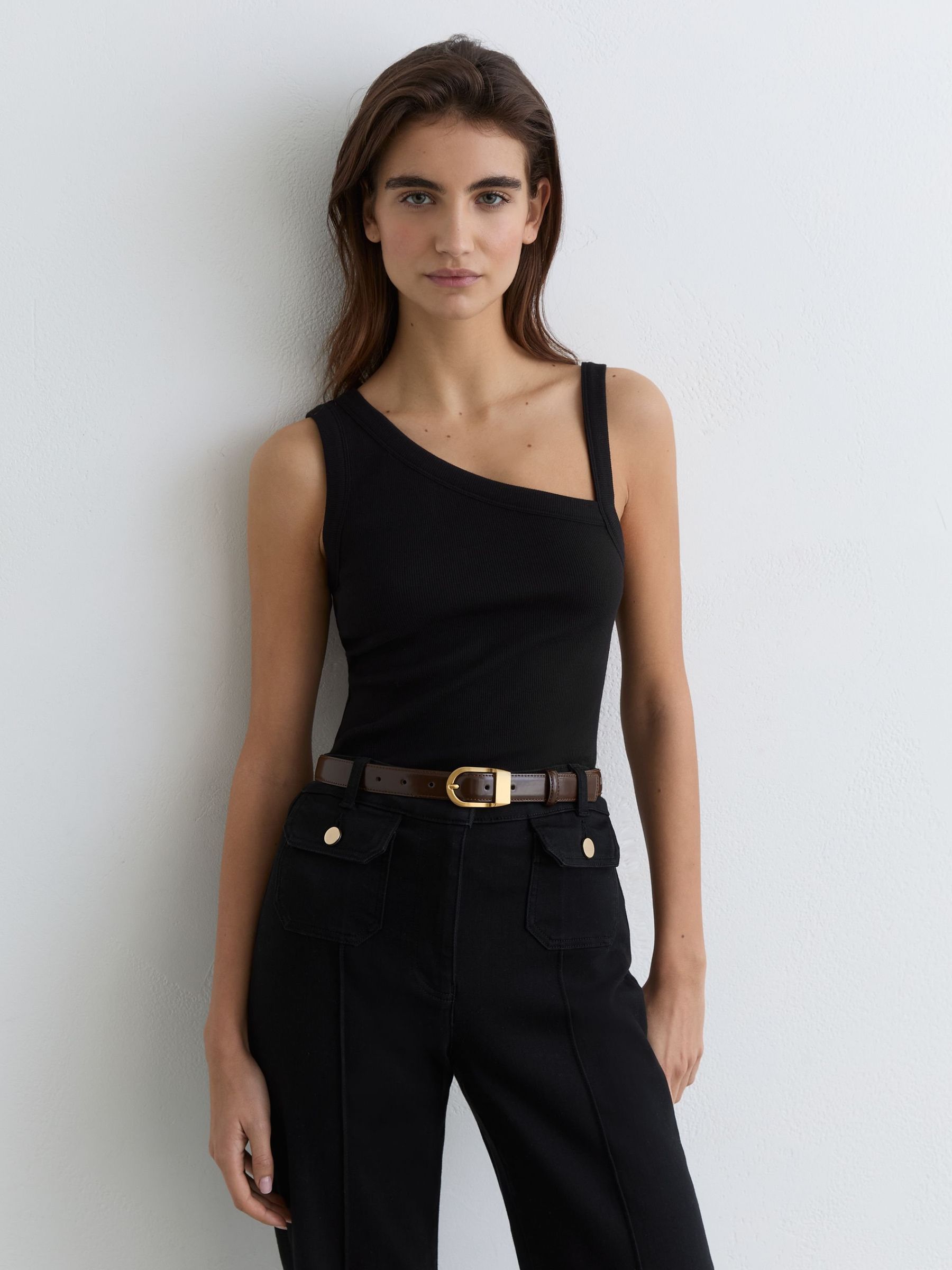 Stretch-Cotton Asymmetric-Neck Vest in Black - image 2